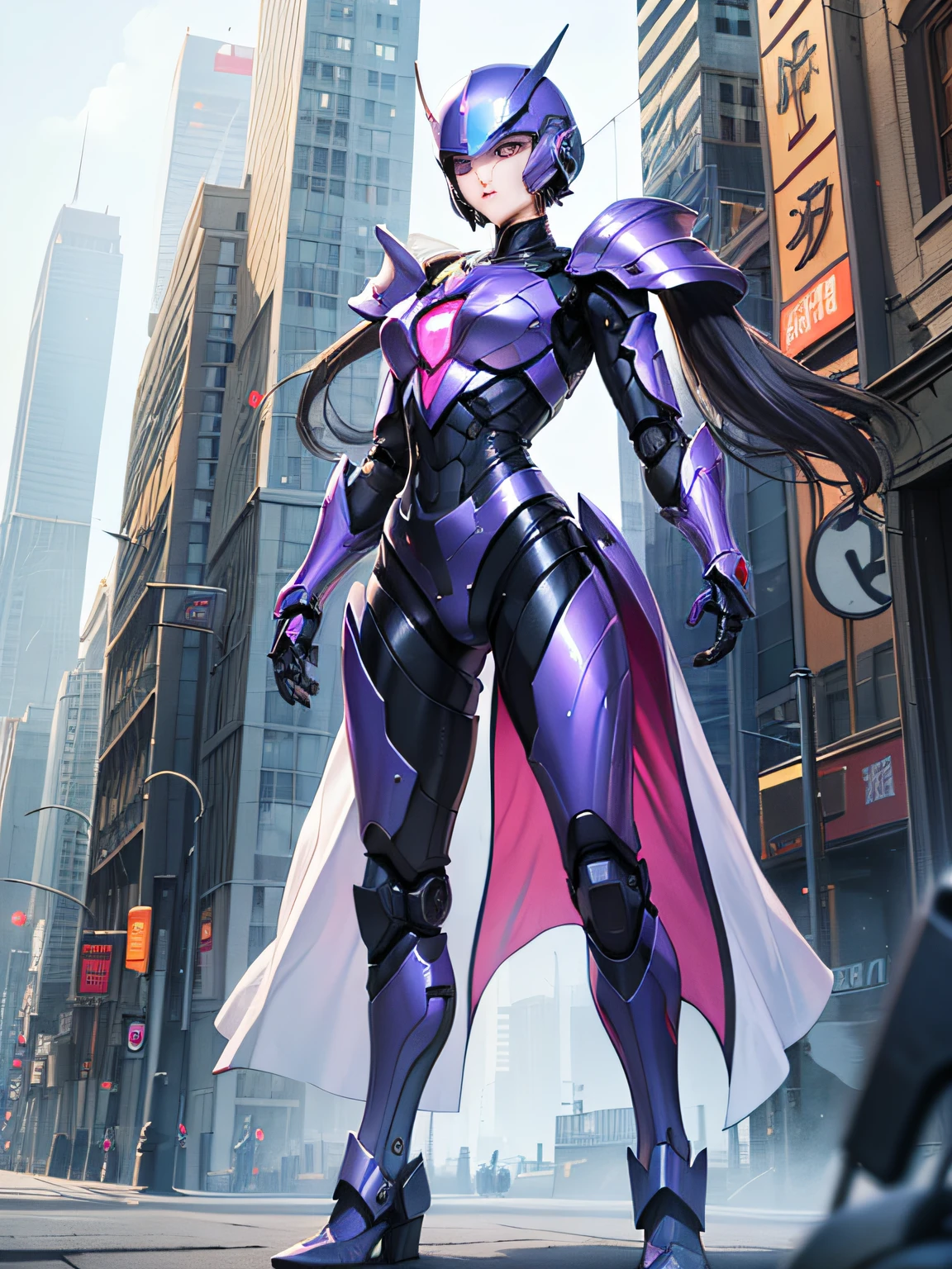 One Woman Robocop、Combat Robots、Armor that completely covers the whole body、very large chest-shaped chest armor,、Helmet to hide your eyes、Iridescent shiny armor、armor that completely covers the chest,,、Slender and long legs、Vibrant poses、full-body view
