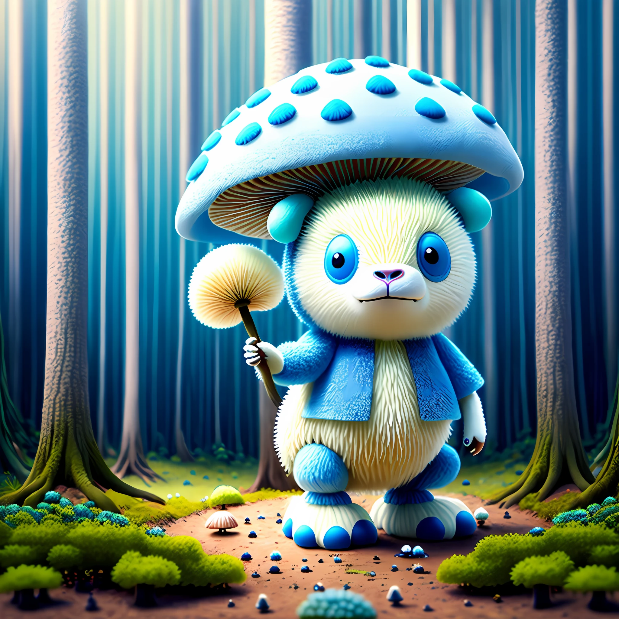 Bipedal creature resembling a cow, white fur, wearing a blue-grey spiked mushroom cap, in a forest of mushrooms, masterpiece, best quality