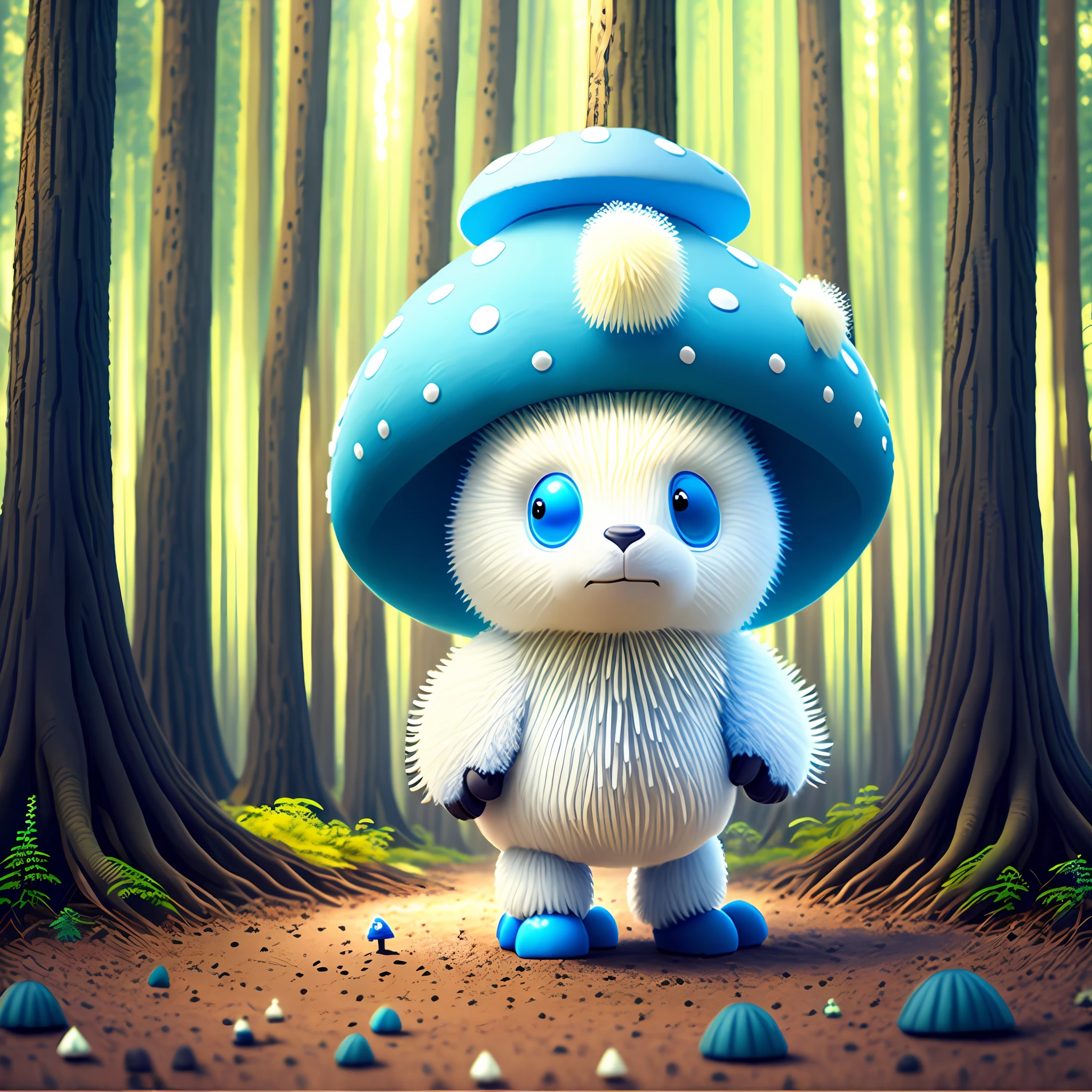 Bipedal creature resembling a cow, white fur, wearing a blue-grey spiked mushroom cap, in a forest of mushrooms, masterpiece, best quality
