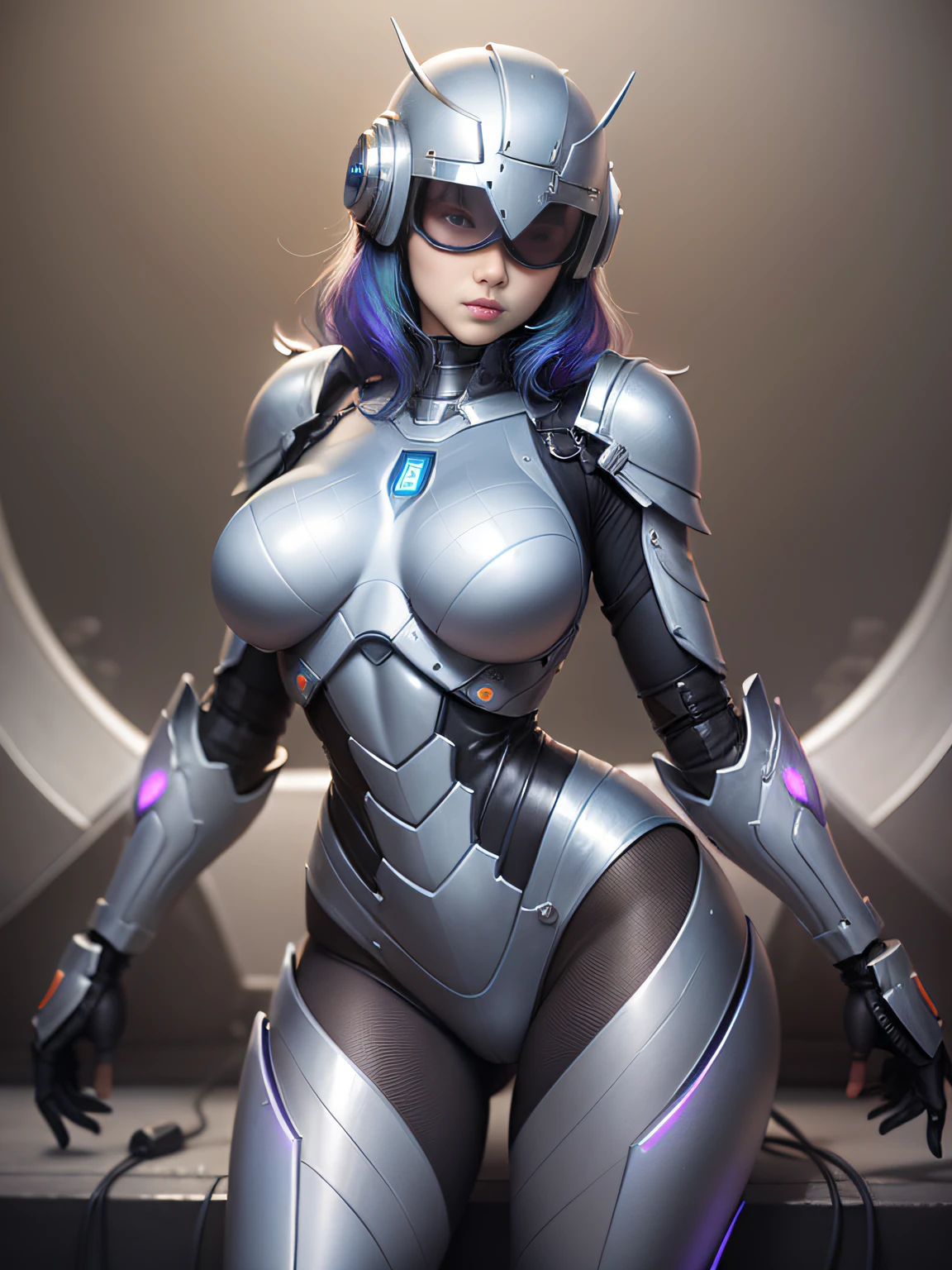 One Woman Robocop、Armor that completely covers the whole body、very large breast-shaped chest armor,,、Helmet to hide your eyes、Iridescent armor、Armor that completely covers the chest、Slender and long legs、Vibrant poses、full-body view