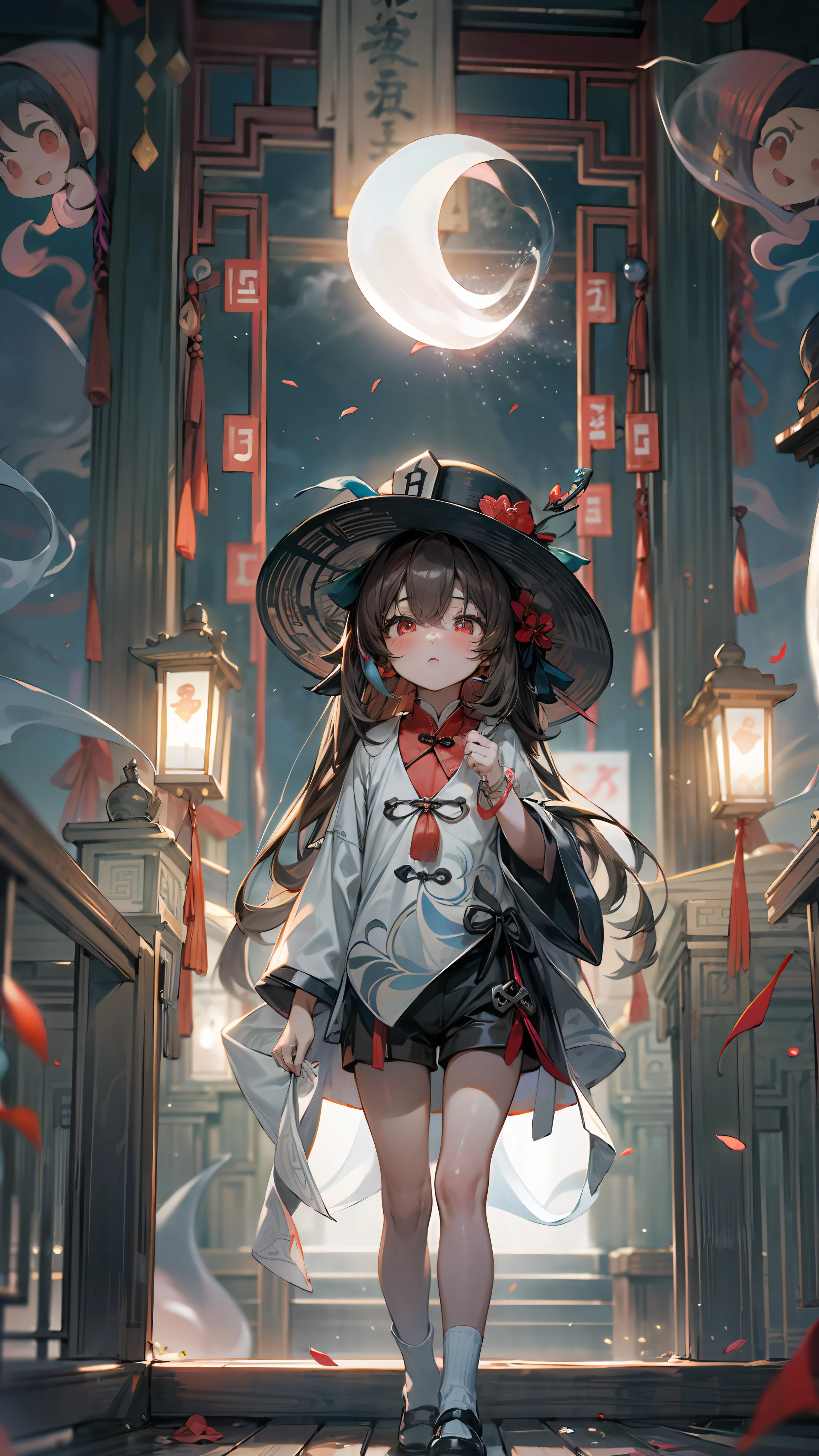 (perspective:0.8),extremely detailed CG unity 8k wallpaper,masterpiece,best quality,ultra-detailed,beautiful detailed eyes:1.2),
1girl,ᗜ ‸ ᗜ,(solo:1.2),(toddler,female infant,3yo:1.5),full body,standing,face focus ,light blush,outdoors,temple,looking at viewer,(with ghostly apparitions:1.5),shattered paper lanterns,eerie atmosphere,night,moon,Hu_Tao GenshinImpact, 1girl, twintails, bangs, very long hair, hat, flower, black headwear, hat flower, hair between eyes, bracelet, plum blossoms, brown hair shiny hair, red eyes, symbol-shaped pupils, thighs, ring, blush black shorts, short shorts, black footwear, white socks, chinese clothes, shirt, long sleeves, wide sleeves, tailcoat,chibi,cuteloli,blindbox,