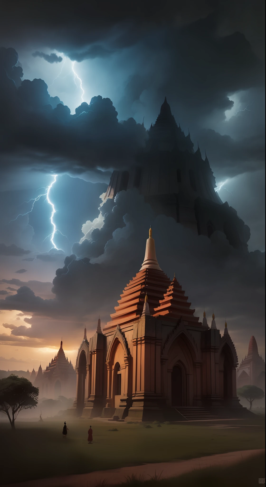 Diorama, Bagan, Myanmar, magical, dark, mysterious, supernatural, dark clouds, lightning