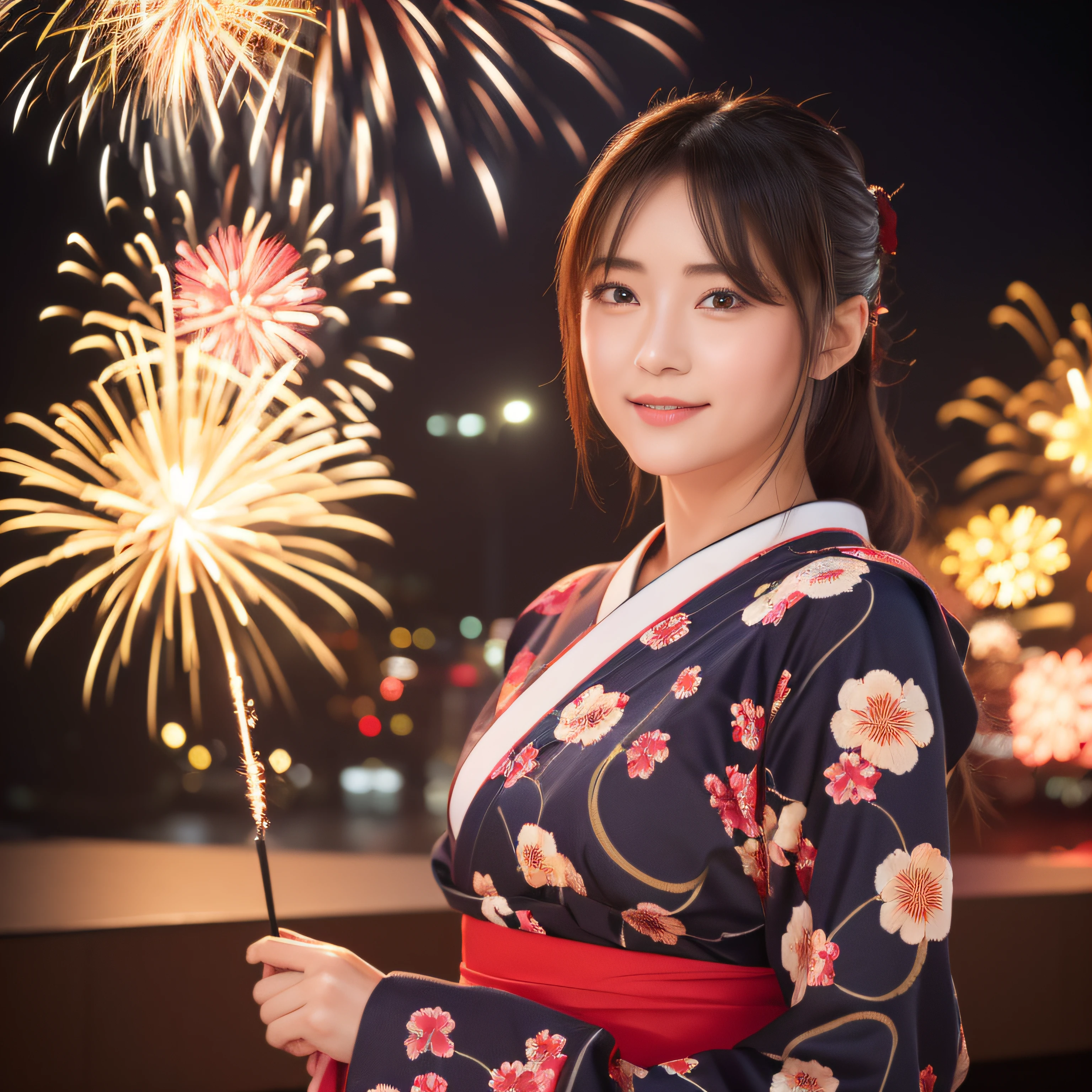 ((masterpiece、top-quality、ultra-definition、hight resolution))、独奏、a beauty girl、radiant eyes、perfect eyes、Japan's beautiful sister、Yukata with red floral pattern、Fireworks in the background、fully body photo:1.1