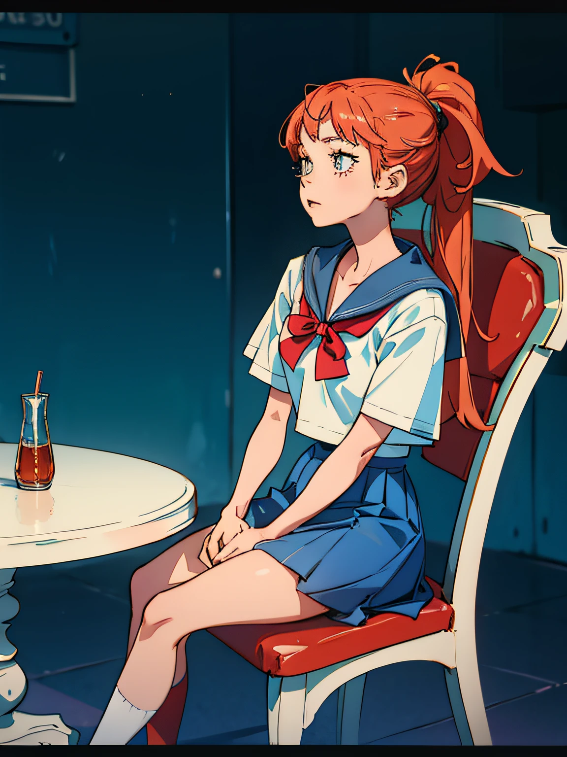 A 17-year-old girl in a sailor's uniform sits at a table, Look up, anime style, anatomically correct, highres --auto