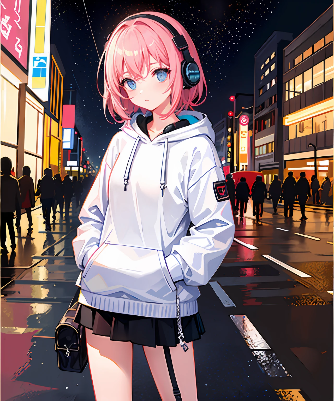 masterpiece, girl alone, solo, incredibly absurd, hoodie, headphones, street, outdoor, rain, neon,