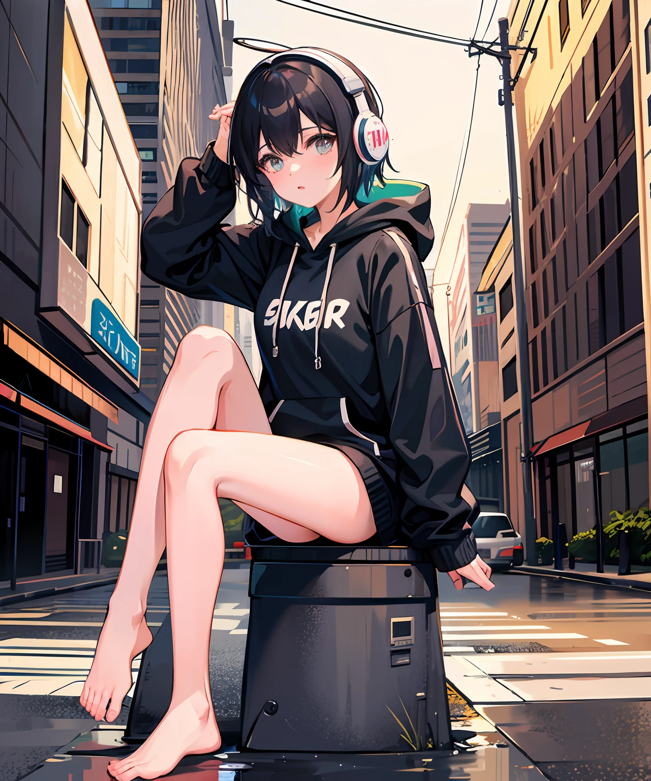masterpiece, girl alone, solo, incredibly absurd, hoodie, headphones, street, outdoor, rain, neon,