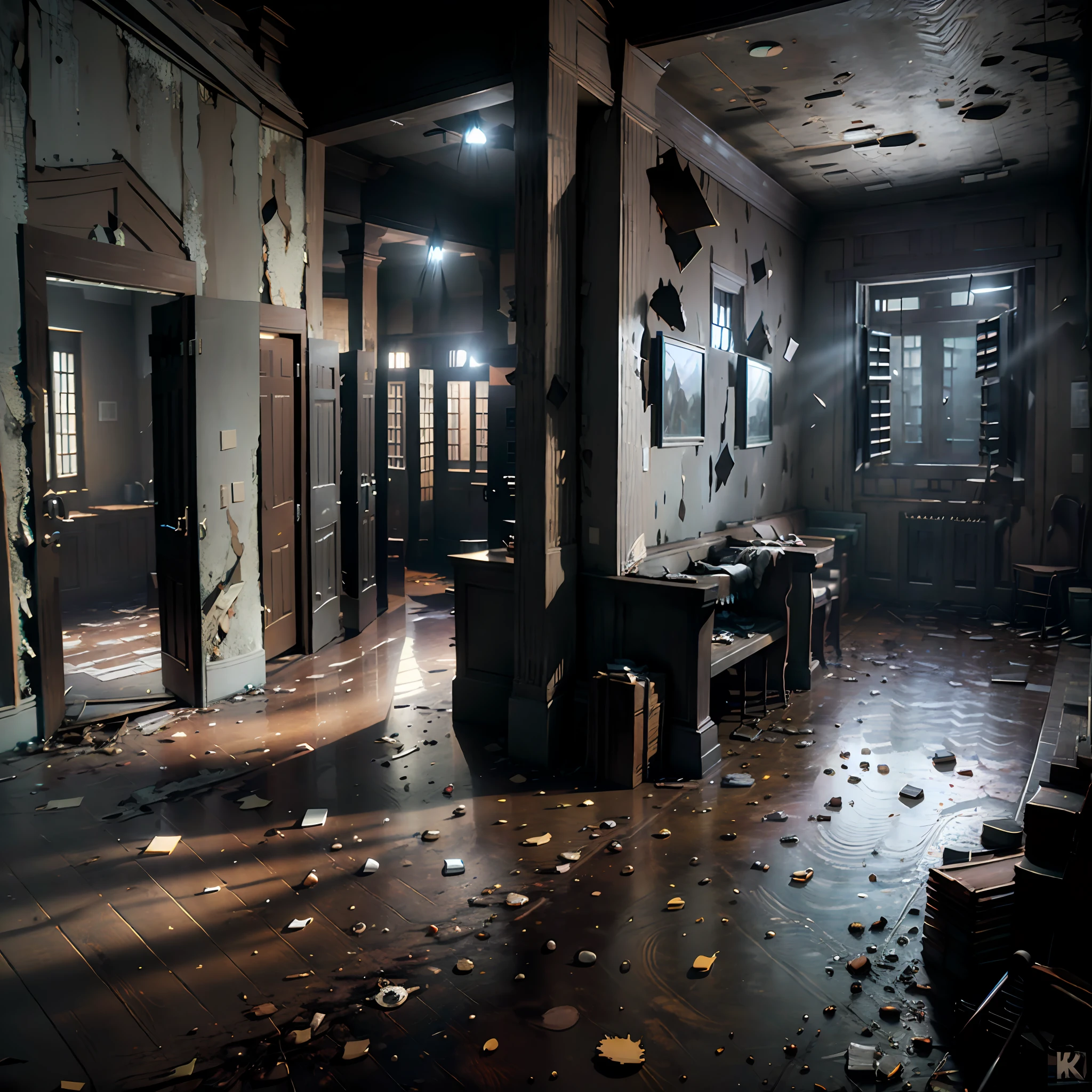 Computer-generated image, Clarity, detailing the interior of an old rich house, image: 7K, A detailed image of the interior of an old manor house, wooden floors, Furniture, arras, Everything is ruined, in Krinate BoyDetailed description of the old house, Dark streaks of sunlight illuminate the old wooden floor, Broken old furniture, furniture scattered around the room in different parts of the room, not a single whole detail, Pieces of furniture are scattered on the floor in the room, glass fragments, Broken window with torn curtains, Inside there is an explosion, Everything is broken, A huge explosion, Girl in a raincoat sitting on the floor, cinematic still, vignette, in the center, “Hyper-realistic textures," "Exact Details,” “Realistic still life,” “Realistic portraits,” “Realistic landscapes.“Hyper-realistic textures," "Exact Details,” “Realistic still life,” “Realistic portraits,” “Realistic landscapes."street fighter", The apocalypse of the universe on a realistic scale in the room