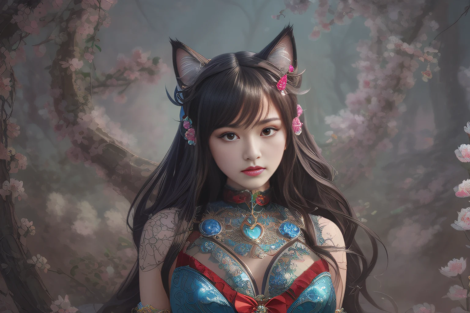 there is a woman with a cat ears and a dress, hyperdetailed fantasy character, attractive cat girl, intricate wlop, digital fantasy art ), beautiful character painting, beautiful young catgirl, ahri, portrait of ahri, 4k highly detailed digital art, fantasy art style, by Yang J, detailed fantasy digital art, inspired by WLOP