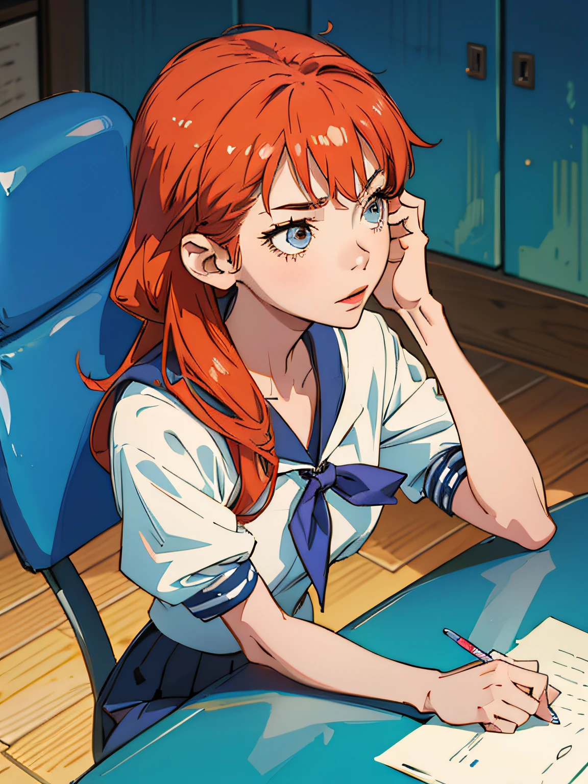 A 17-year-old girl in a sailor's uniform sits at a table, Look up, anime style, anatomically correct, highres --auto