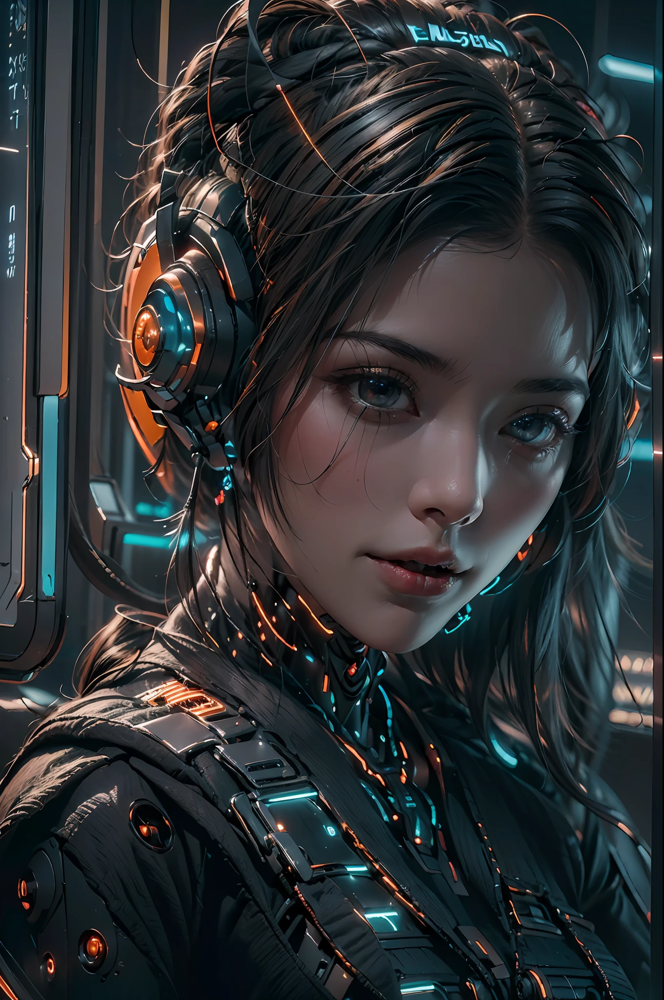 1girll，(cyber punk perssonage:1.3)，Bring headphones，Illuminated helmet and headphones，glowing jewelry，Glowing earrings，Glowing necklace，inside in room，Electronic wire background，best qualtiy，tmasterpiece，Movie filter presets，movie level lighting，c4d渲染，rendering by octane，with light glowing，((Orange light))，(full bodyesbian:1.5)，slender leg，perfect foot，High chiaroscuro，(There is no light on the face :1.5)