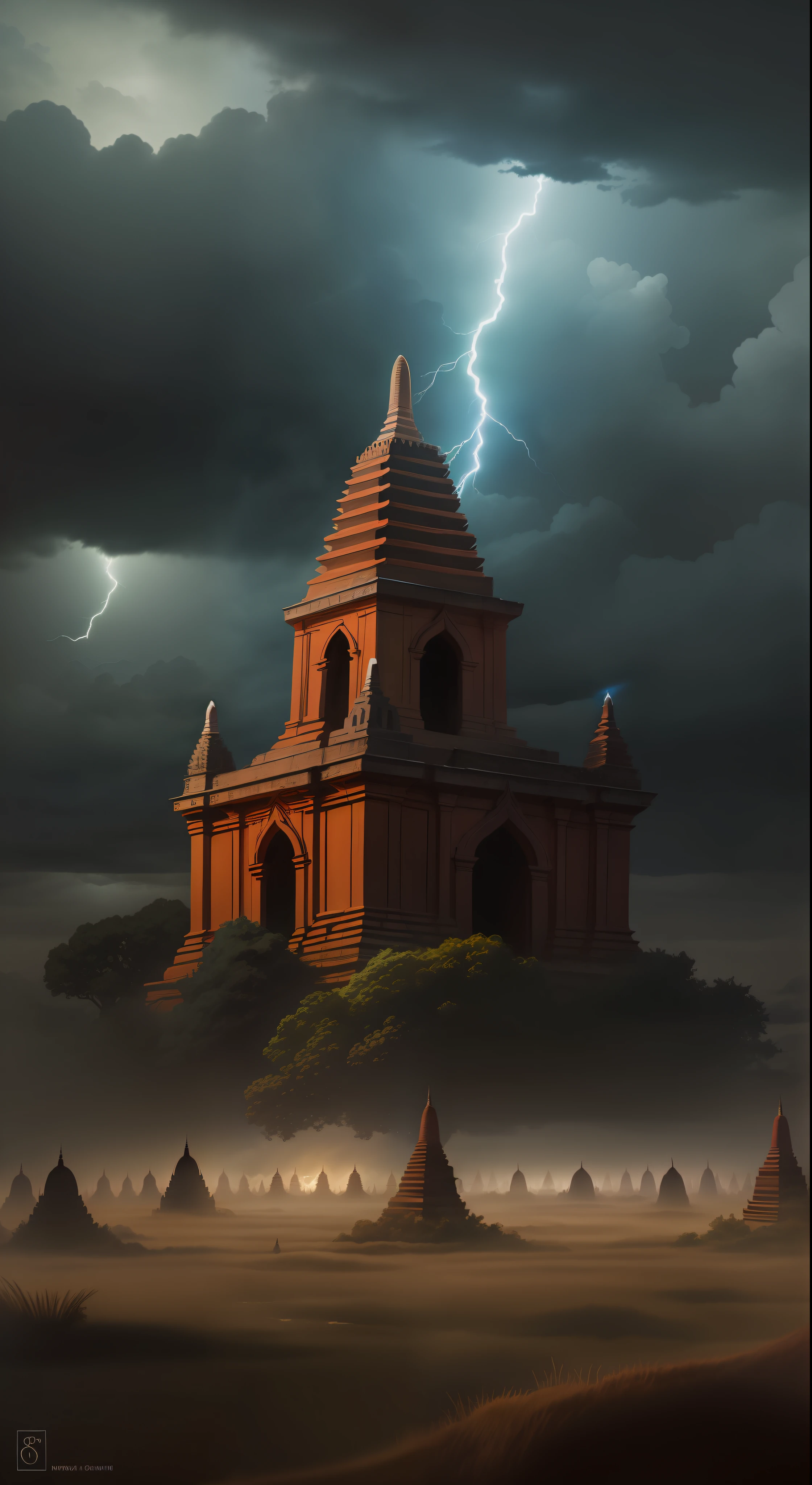 Diorama, Bagan, Myanmar, magical, dark, mysterious, supernatural, dark clouds, lightning