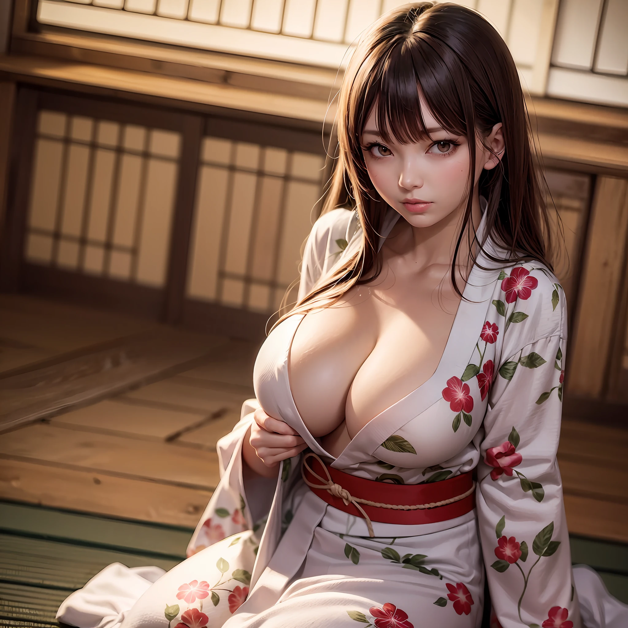 solo, high resolution, highest quality, super high quality, super detail, ultra realistic, photorealistic, anime, manga, illustration, animification, portrait, hot spring inn, open yukata, wariza, yokozuwari, super beautiful woman, flowing layered wavy messy light brown hair, glossy eyes, mysterious, enchanting, alluring moist half open lips, huge breasts, under boob, great proportion, perfect proportion, slender, full body, background indoors at night, Japanese-style room