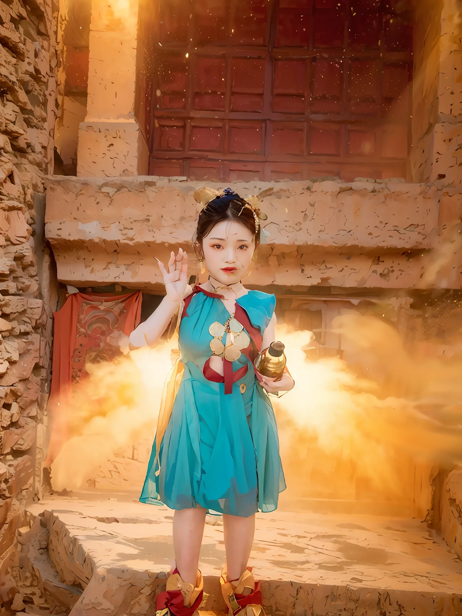 (8k, RAW photo, best quality, masterpiece:1.2), (realistic, photo-realistic:1.4), (extremely detailed CG unity 8k wallpaper), (1 girl:1.5), Western beauty, (Red clothes: 1.4), red spots on forehead, pale skin, blush, big eyes, full body, thighs, open navel, gold waist chain, gold jewelry, flying ribbons, particles, background is Loulan ancient city, ancient city wall, desert, dance, dunhuang_dress, dunhuang_style,