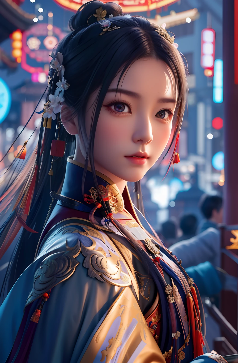 A woman in Chinese clothing holds a sword in the city, Alice X. zhang, Beautiful digital artwork, wojtek fus, chengwei pan on artstation, cgsociety and fenghua zhong, Cinematic. author：leng jun, cgsociety portrait, trending on artstation 4k, 4k highly detailed digital art, Ross Tran 8 K