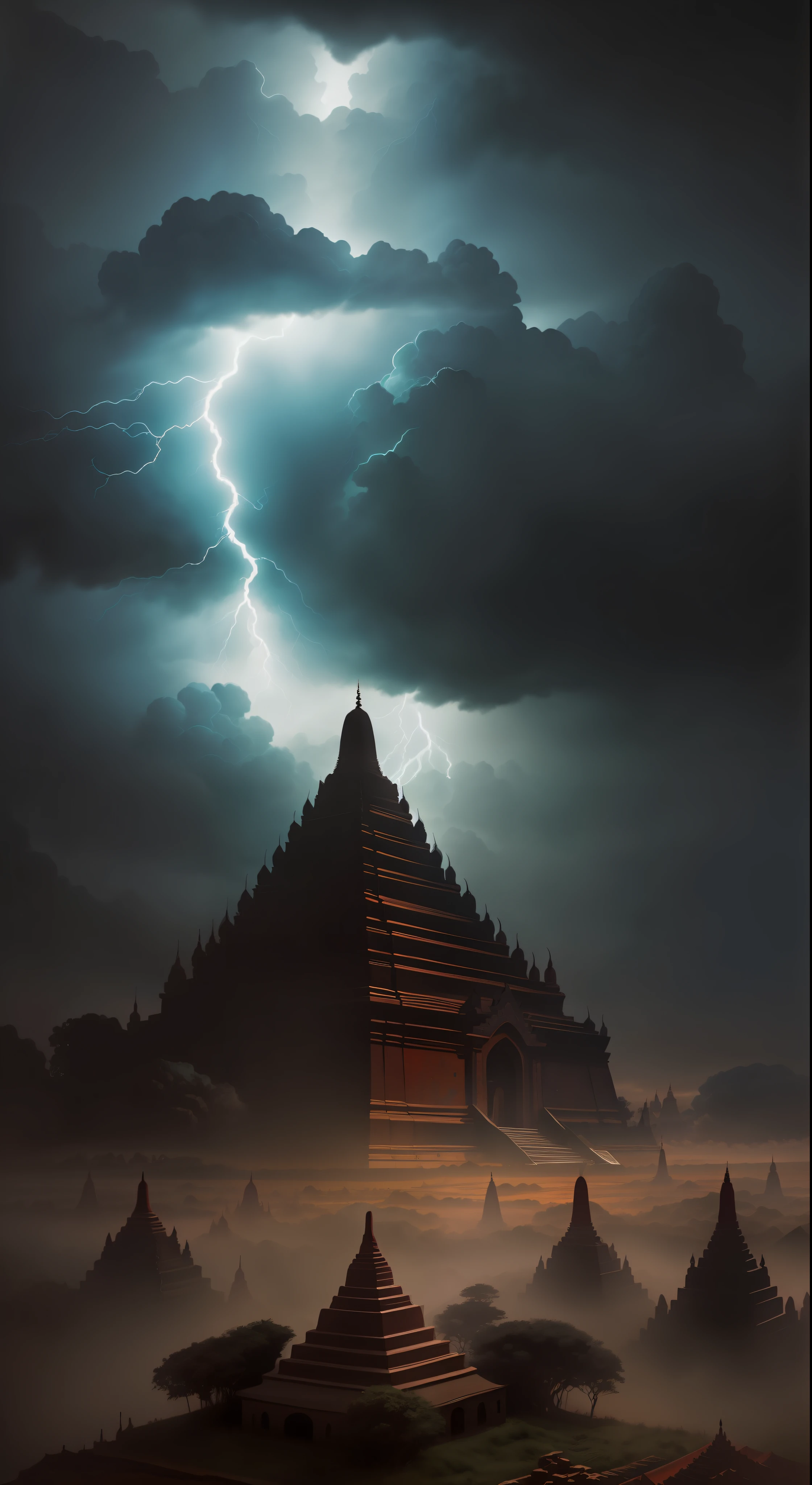 Diorama, Bagan, Myanmar, magical, dark, mysterious, supernatural, dark clouds, lightning