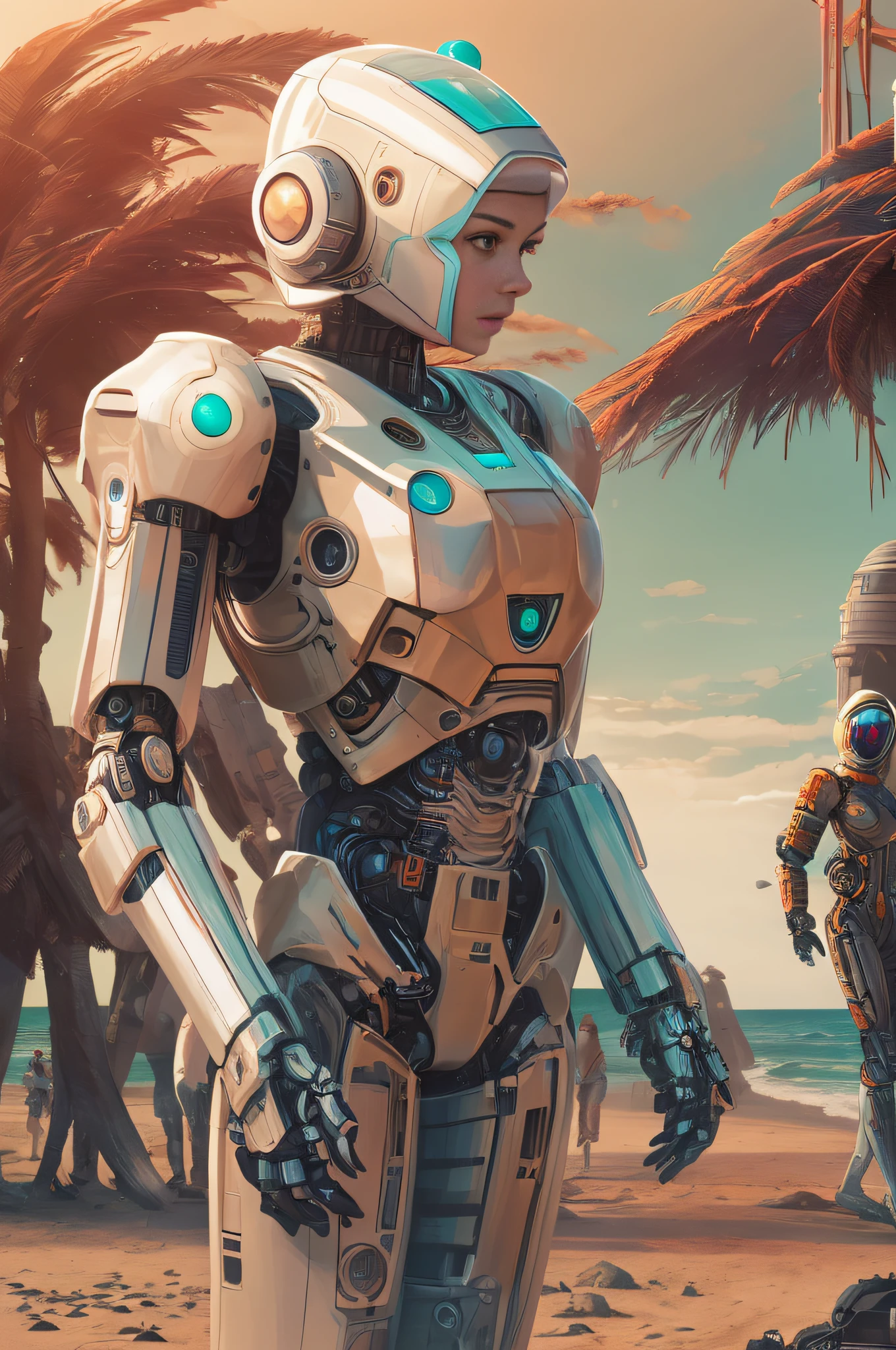 Alafed image of a girl and a robot on the beach, Girl meets robot, alena aenami and android jones, Robot Girl, Cute cyborg girl, elle fanning as an android, portrait armored astronaut girl, Science Fiction Digital Art, realistic digital art 4k, realistic digital art 4 k, beautiful girl cyborg, beautiful digital works of art