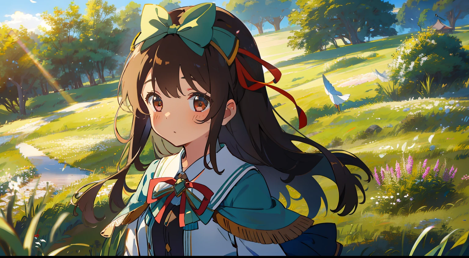 One girl、Brown hair、One knot、Ribbon on the head、battle garments、grass field、blue-sky、foliages、​masterpiece、Top image quality、top-quality、cute little、Fluttering hair、High school students、full bodyesbian、to stand