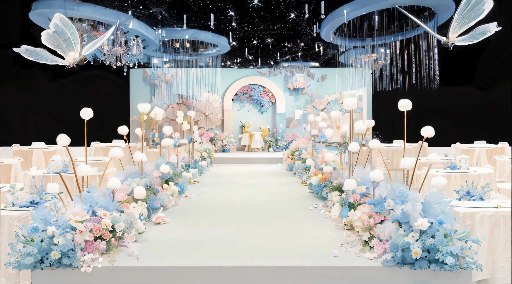 opulent ,Beautiful rendering,hyper HD,Hyper-realistic,,French wedding scene,CG rendering,lavishly decorated,enscape render,,Luxurious crystal ceiling,Wedding,opulent,high qulity,with details,Oil painting feeling,florals,Powder blue color scheme,There are a lot of tables,There were cutlery and flowers on the table