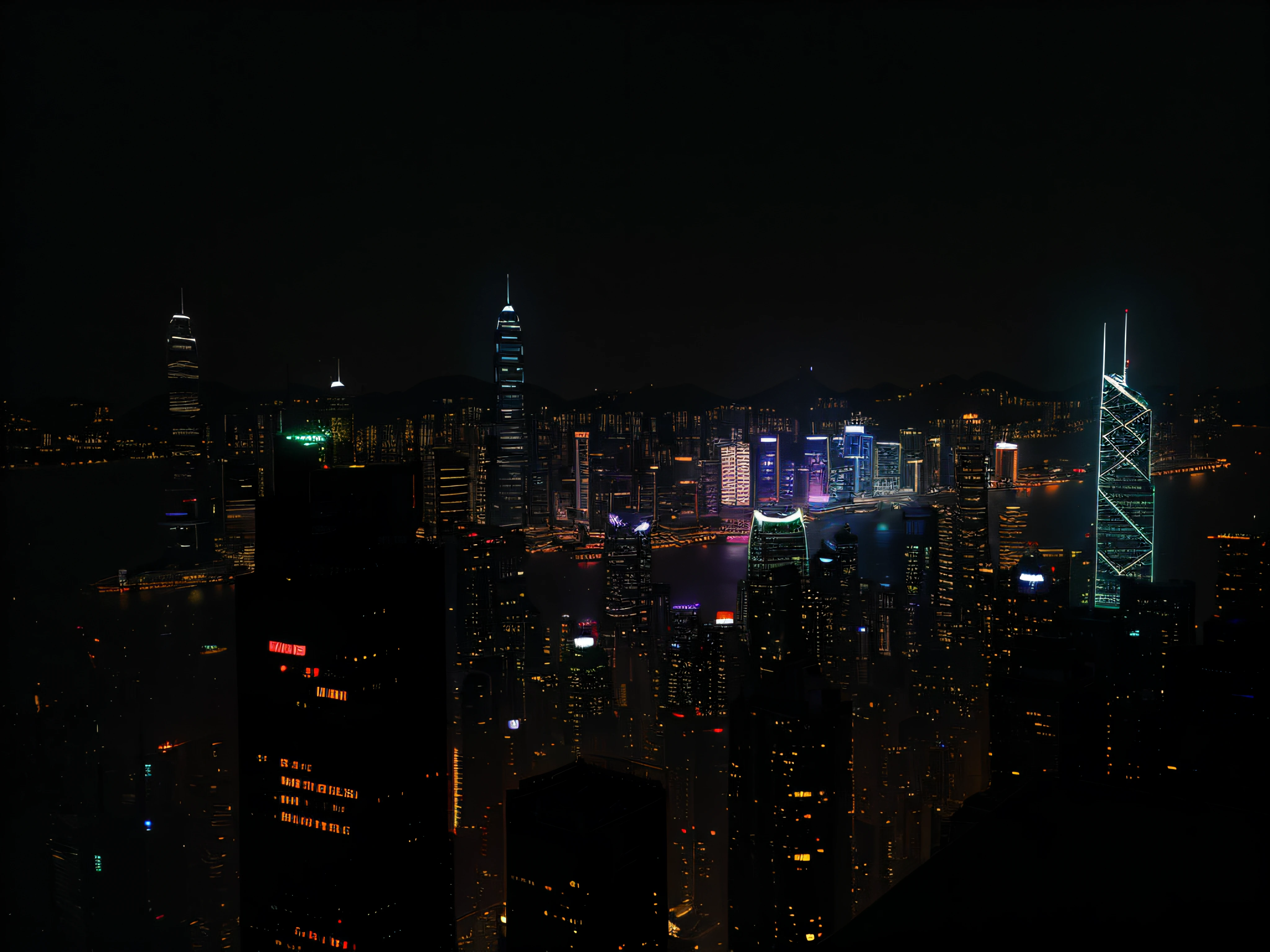 Night view of the city with skyscrapers and bridges, Hong Kong cyberpunk cityscape, the lights of the city lighten up the sky, Lots of Dazzling neon billboards and logos (1.3), dystopian city skyline at night, Cyberpunk style, EdgeRunners, (volumetric fog effect (1.3), halation effect, ray tracing, Ultra high quality), masterpiece, 8K, RAW