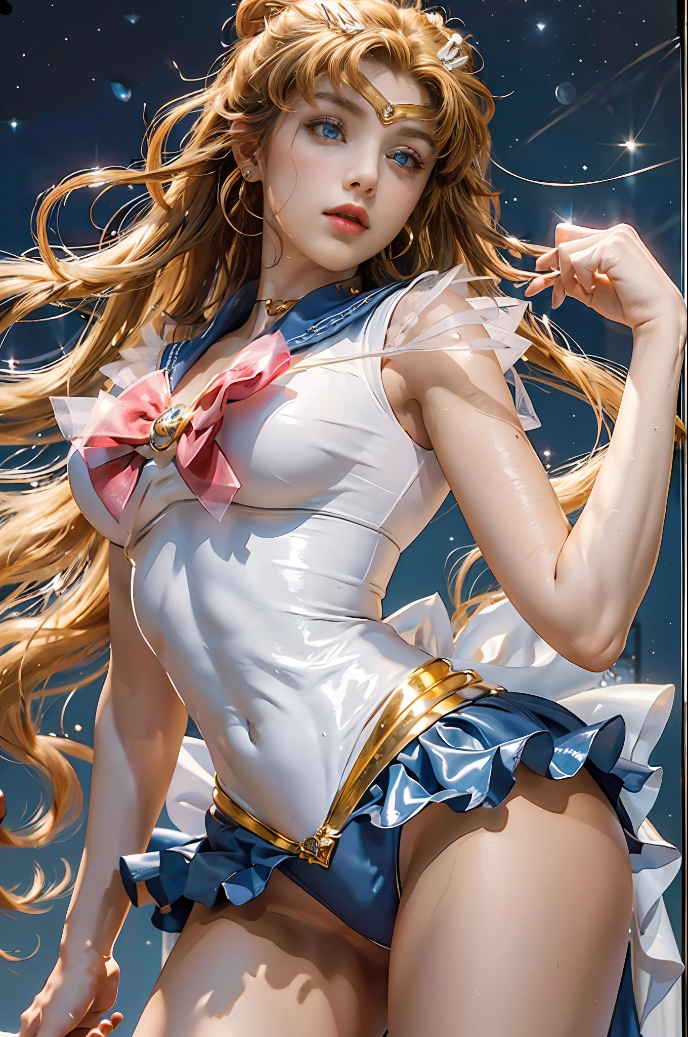 Masterpiece, Full: 1.3, Stand, 8K, 3D, Realistic, Ultra Micro Shooting, Top Quality, Extreme Detail CG Unity 8K Wallpaper, from below, intricate details, (1 female), 18 years old, (Sailor Moon supersailormoon mer1, Tiara, Sailor Senshi Uniform Sailor: 1.2, Sailor Moon: 1.2), Impossibly long bright twin-tailed blonde, hair bun, red round hair ornament in a hair bun, Sailor Senshi uniform, (blue collar, blue sailor collar, blue pre-gate miniskirt: 1.3, very large red bow on the chest, long white latex gloves, red gloves on the elbows, golden tiara, earrings), (face details: 1.5, bright blue eyes, beautiful face, beautiful eyes, shiny eyes, thin lips: 1.5, thin and sharp pale eyebrows, long dark eyelashes, double eyelashes, luxurious golden jewelry, thin, thin and muscular, small face, big breasts, perfect proportions, thin waist, sexy model pose, visible pores, seductive smile, perfect hands: 1.5, high-leg swimsuit, Very thin and fit high-gloss white holographic leather, octane rendering, very dramatic images, strong natural light, sunlight, exquisite lighting and shadows, dynamic angle, DSLR, sharp focus: 1.0, maximum clarity and sharpness, (space background, moonlight, moon, dynamic background, detailed background)