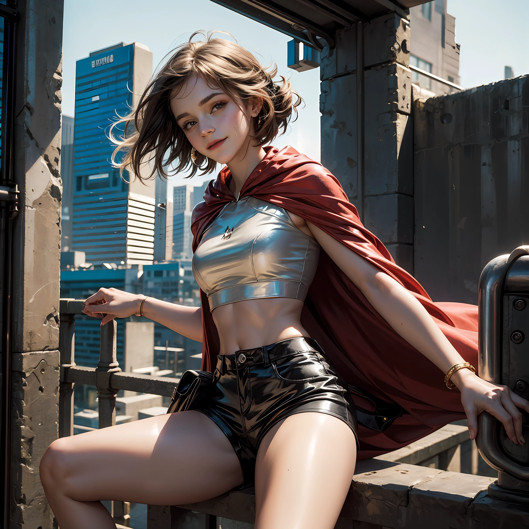 a beautiful  emma watson as a super heroine sitting on a fence. with a gentle smile her vibrant and youthful features create a striking ethereal beauty. Her latex shorts and crop top adheres to her skin, black and shiny, contours her slim and perfect body. She looks at the city below. red cape.