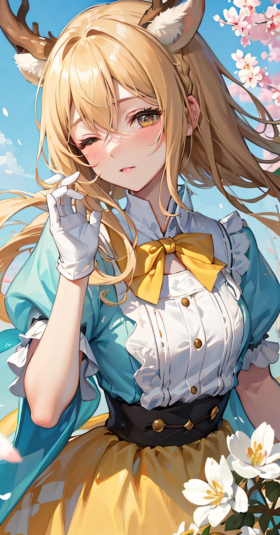 masterpiece, best quality,, (Banbi Kano，Light blue gloves), solo, face to viewer, looking at viewer,, deer ears, antlers, hair between eyes, yellow brown short hair, yellow brown eyes, round face, blush, a little sad,, patterned scarf, white dress, yellow brown bowknot on chest, medium breasts,, sakura blossoms, wind flow, floating petals, hanami, outdoors, a portrait of a beautiful blonde woman, fine - art photography, soft portrait shot 8 k, mid length, ultrarealistic uhd faces, unsplash, kodak ultra max 800, 85 mm, intricate, casual pose, centered symmetrical composition, stunning photos, masterpiece, grainy, centered composition : 2 | blender, cropped, lowres, poorly drawn face, out of frame, poorly drawn hands, blurry, bad art, blurred, text, watermark, disfigured, deformed, closed eyes