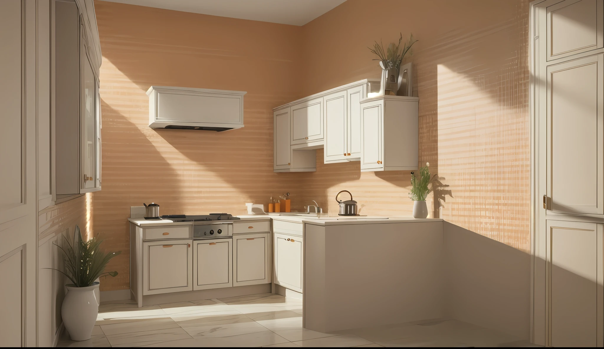 (Royal style kitchen), (complete and matching kitchen furniture), white stone countertops, oak cabinet doors, some orange interior details, decorative wallpaper, realistic lighting, EU5, best rendering, highest quality, excellent, best quality, 4k, interior architecture, neoclassical, superb cinematic lighting, top quality neoclassical furniture, top-notch image quality,
