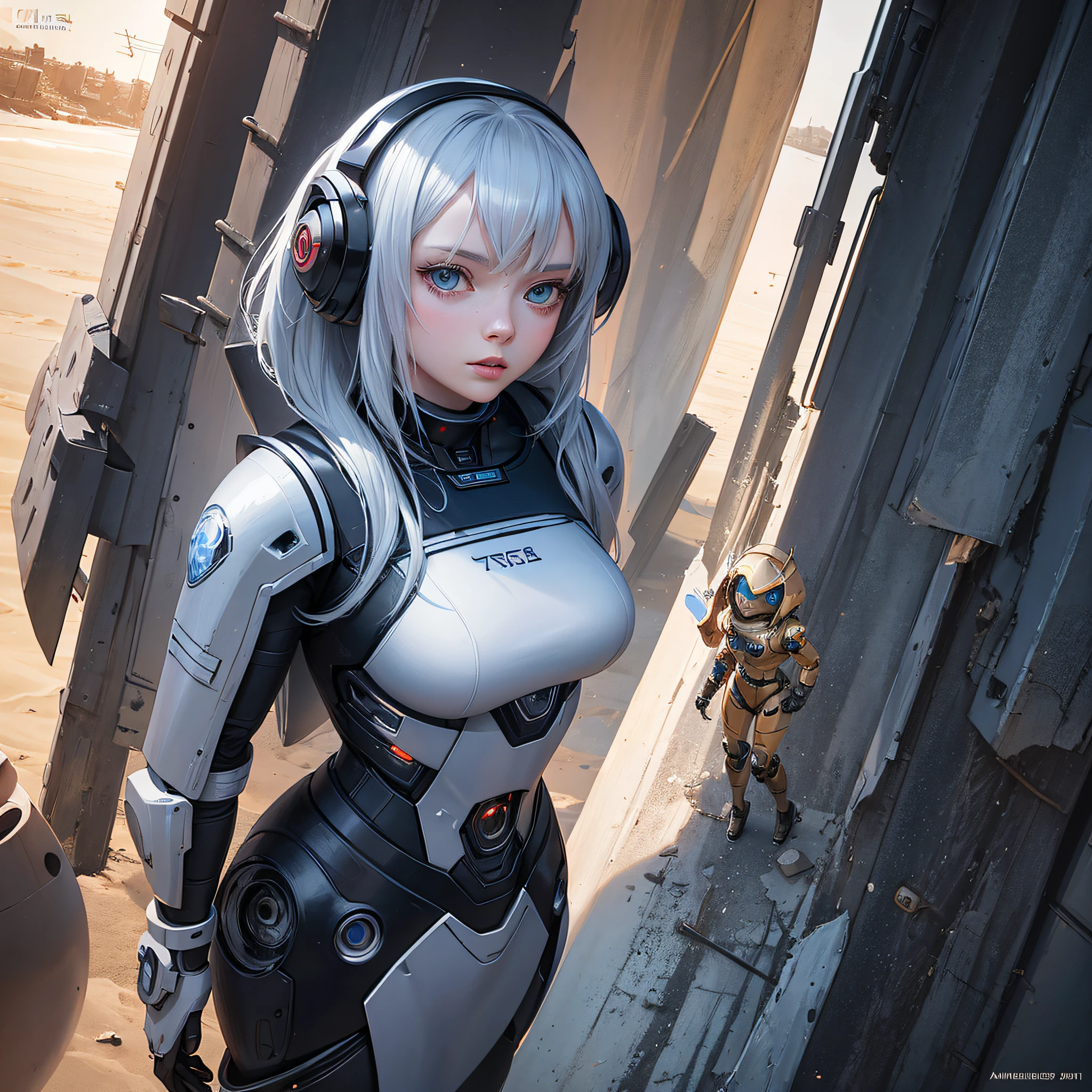 Alafed image of a girl and a robot on the beach, digital art by Alexander Kucharsky, Trending on CGSociety, Digital Art, Girl meets robot, alena aenami and android jones, Robot Girl, Cute cyborg girl, elle fanning as an android, portrait armored astronaut girl, Science Fiction Digital Art, realistic digital art 4k --auto