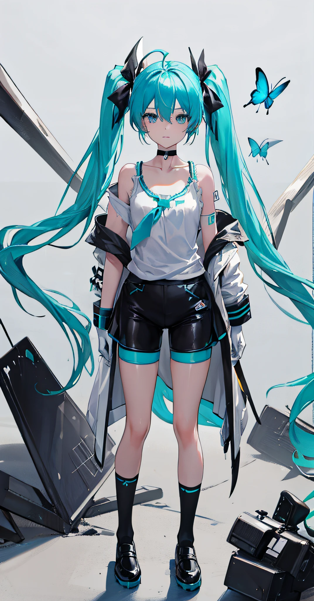 demon tail, butterfly, tail, bug, Pure white gloves，1girl, long hair, wristband, shoes, hatsune miku, shirt, choker, black legwear, aqua hair, bike shorts, solo, blue butterfly, twintails, black choker, bracelet, full body, black ribbon, very long hair, tail ornament, jewelry, black bow, hair between eyes, ahoge, white shirt, earrings, grey background, tail bow, standing, jacket, shorts, collarbone, off shoulder, short sleeves, ribbon, black footwear, aqua eyes, gradient, bow, socks, looking at viewer.