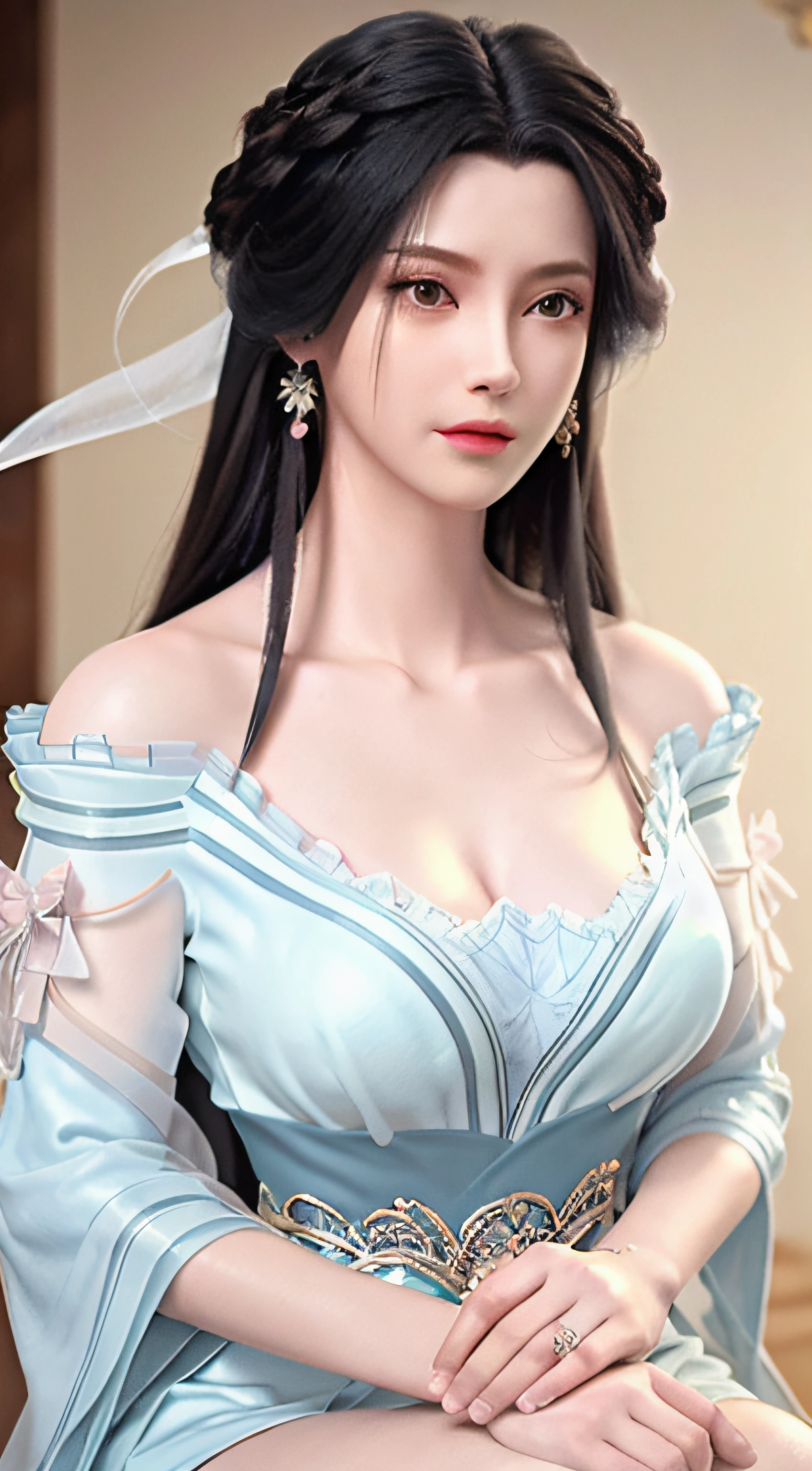 ultra high res, (photorealistic:1.4), raw photo,16K,
1girl, solo,blush, sitting,  black hair, bare shoulders, long hair, dress,Light blue ribbon,earrings,jewelry,wide sleeves,((shawl)),cleavage,nipple slip,