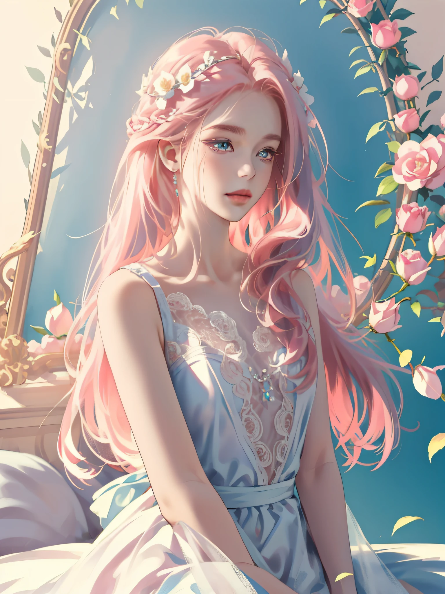 ((Masterpiece)), high quality, super detailed, pink hair + white clothing: 1.2, sweet and delicate girl, delicate facial features, perfect figure, surrounded by roses, bright bright colors, pearl white background, romantic long hair, natural light, warm and sweet, blue eyes, flower hair decoration.