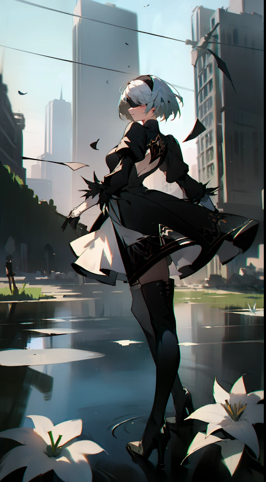 masterpiece, best quality, detailed face, extremely detailed, yorha no. 2 type b, 1girl, solo, absurdres, 8k, White hair, silver hair, black blindfold, black dress, black hairband, blindfold, eye highlights blue sky, boots, building, city, cloud, covered eyes, debris, dress, feather-trimmed sleeves, feather trim, gloves, grass, hairband, high heel boots, high heels, highres, juliet sleeves, katana, leather, leather boots, long sleeves, nier \(series\), nier automata, outdoors, overgrown, pod \(nier automata\), post-apocalypse, puddle, puffy sleeves, rubble, ruins, scenery, sky, thigh boots, thighhighs, thighhighs under boots, water, Leaves dancing in the wind, White flowers, white lilies, Light is dancing in the air,