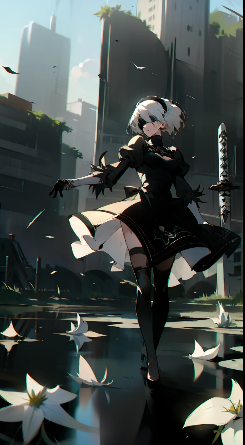 masterpiece, best quality, detailed face, extremely detailed, yorha no. 2 type b, 1girl, solo, absurdres, 8k, White hair, silver hair, black blindfold, black dress, black hairband, blindfold, eye highlights blue sky, boots, building, city, cloud, covered eyes, debris, dress, feather-trimmed sleeves, feather trim, gloves, grass, hairband, high heel boots, high heels, highres, juliet sleeves, katana, leather, leather boots, long sleeves, nier \(series\), nier automata, outdoors, overgrown, pod \(nier automata\), post-apocalypse, puddle, puffy sleeves, rubble, ruins, scenery, sky, thigh boots, thighhighs, thighhighs under boots, water, Leaves dancing in the wind, White flowers, white lilies, Light is dancing in the air,