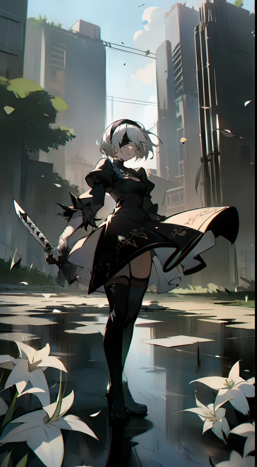 masterpiece, best quality, detailed face, extremely detailed, yorha no. 2 type b, 1girl, solo, absurdres, 8k, White hair, silver hair, black blindfold, black dress, black hairband, blindfold, eye highlights blue sky, boots, building, city, cloud, covered eyes, debris, dress, feather-trimmed sleeves, feather trim, gloves, grass, hairband, high heel boots, high heels, highres, juliet sleeves, katana, leather, leather boots, long sleeves, nier \(series\), nier automata, outdoors, overgrown, pod \(nier automata\), post-apocalypse, puddle, puffy sleeves, rubble, ruins, scenery, sky, thigh boots, thighhighs, thighhighs under boots, water, Leaves dancing in the wind, White flowers, white lilies, Light is dancing in the air,