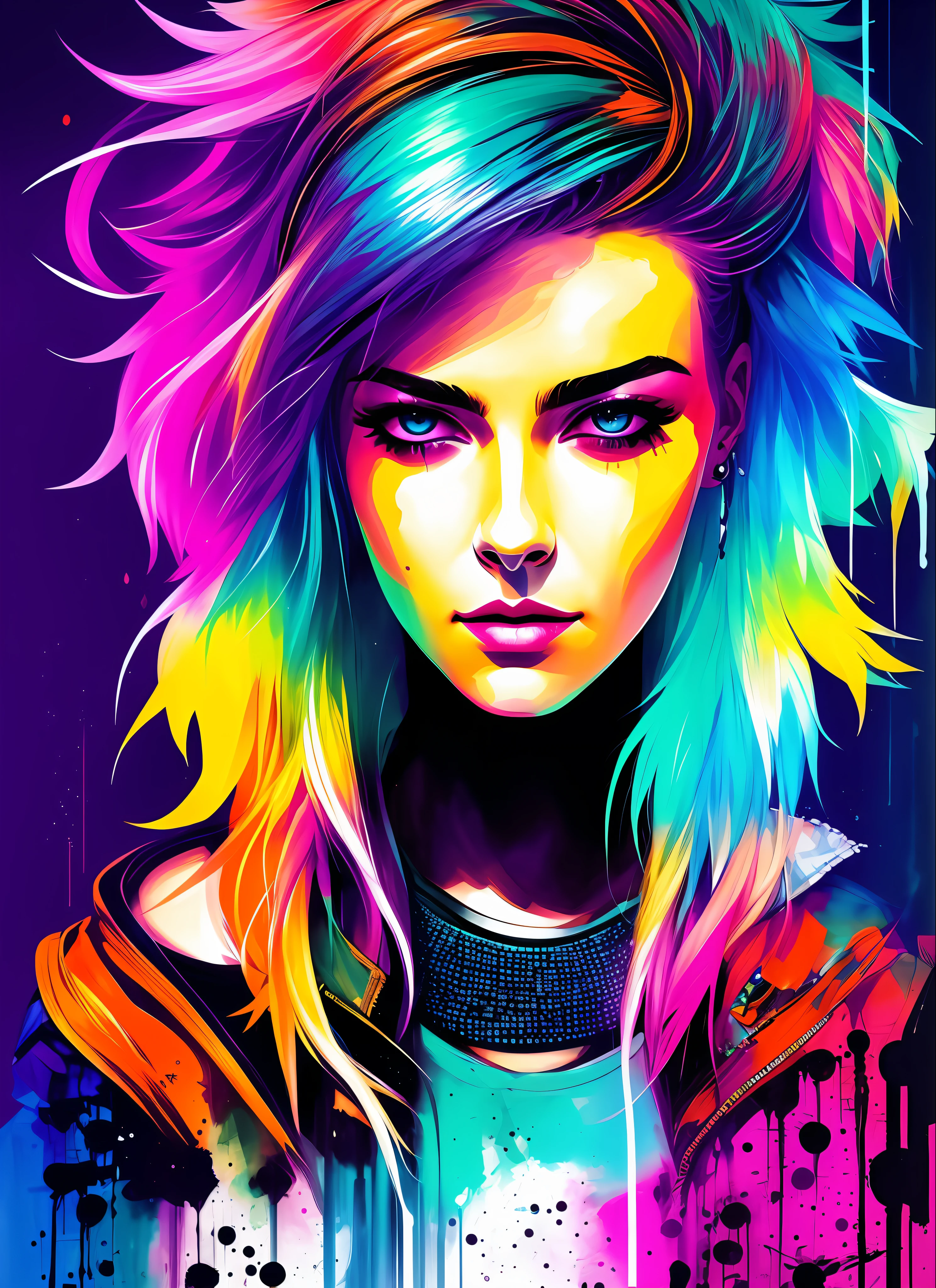 swpunk style synthwavea woman by agnes cecile, luminous design, neon colours, ink drips, cyberpunk city lights