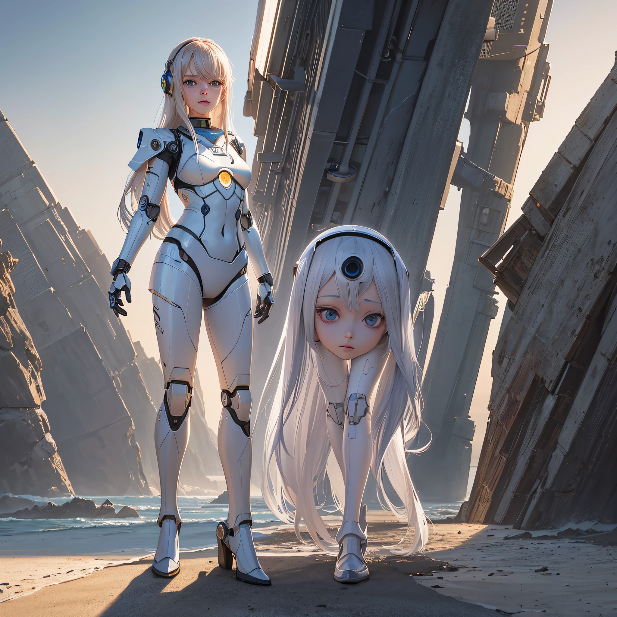 Alafed image of a girl and a robot on the beach, digital art by Alexander Kucharsky, Trending on CGSociety, Digital Art, Girl meets robot, alena aenami and android jones, Robot Girl, Cute cyborg girl, elle fanning as an android, portrait armored astronaut girl, Science Fiction Digital Art, realistic digital art 4k --auto