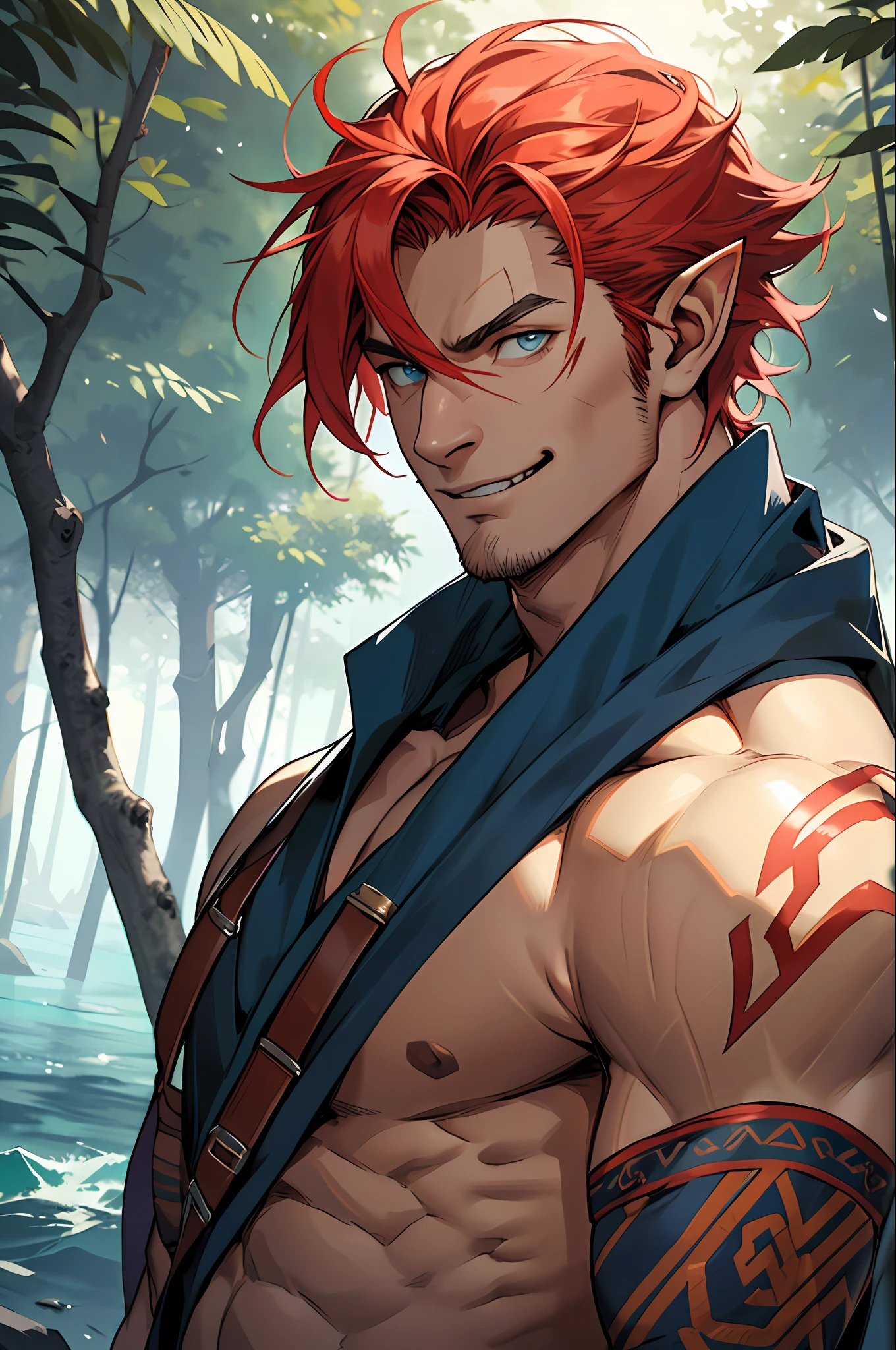 Furry orcs，flaming hair，blue colored eyes，Strong，Handsome，ssmile，red colored skin，Ancient Greek costumes，healthy，crisp background，high qulity，in the middle of a forest，Naked upper body，The sea in the distance，This is when the sun rises。