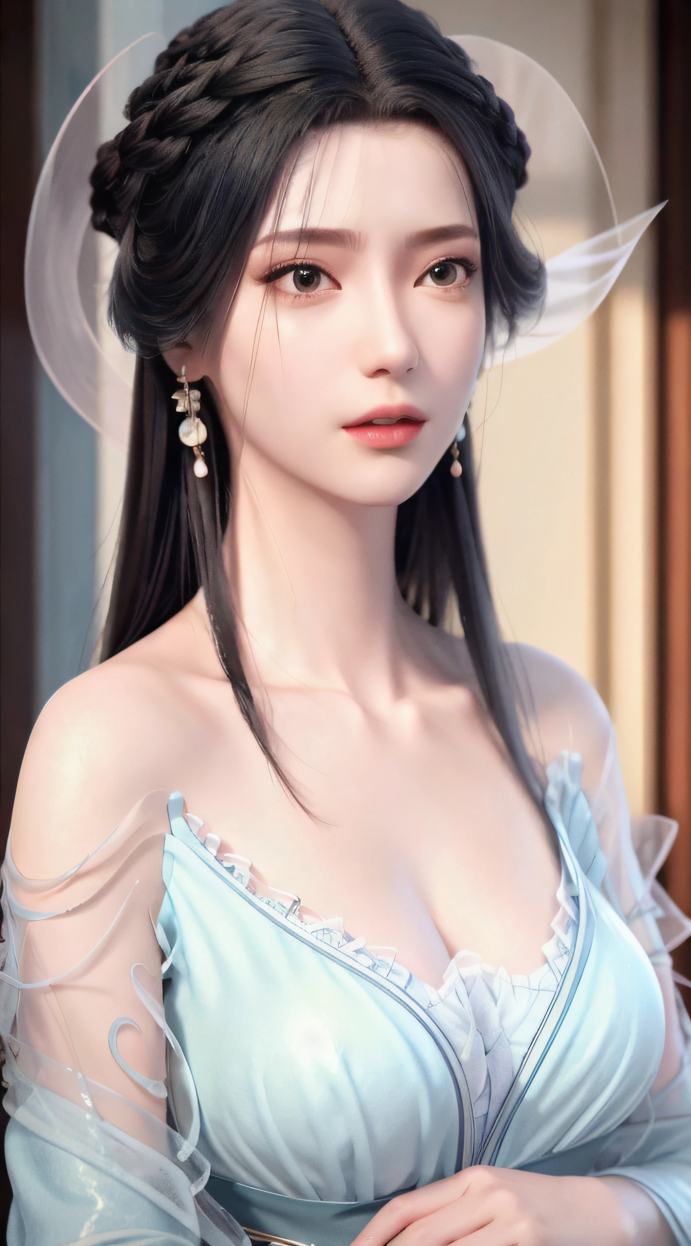 ultra high res, (photorealistic:1.4), raw photo,16K,
1girl, solo,blush, sitting,  black hair, bare shoulders, long hair, dress,Light blue ribbon,earrings,jewelry,wide sleeves,((shawl)),cleavage,nipple slip,