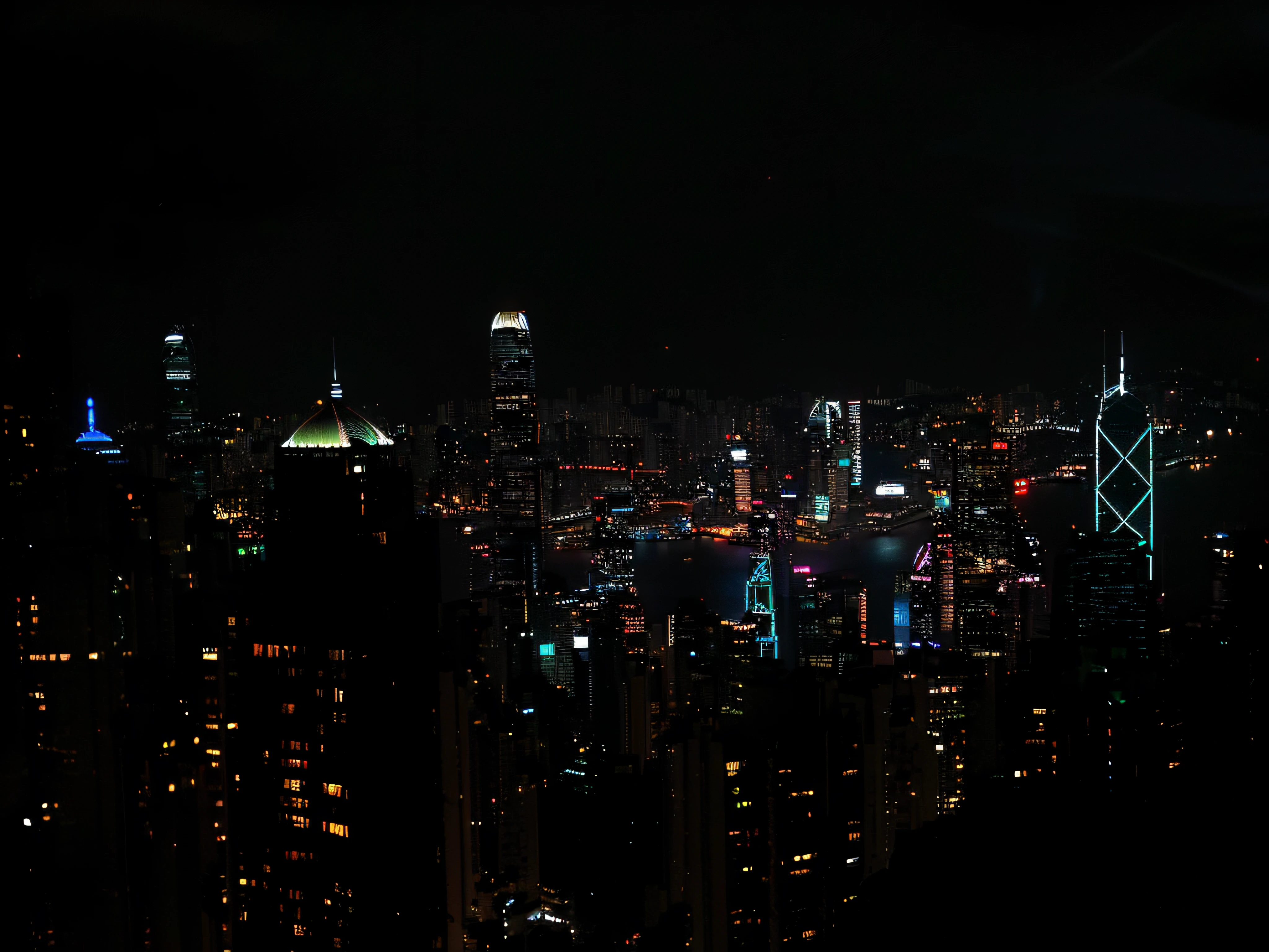 Night view of the city with skyscrapers and bridges, Hong Kong cyberpunk cityscape, the lights of the building lighten up the sky, Dazzling neon billboards and logos (1.2), dystopian city skyline at night, Like《bladerunner》Scene in, Cyberpunk style, (volumetric fog effect (1.2), halation effect, ray tracing, Ultra high quality), masterpiece, 8K, RAW