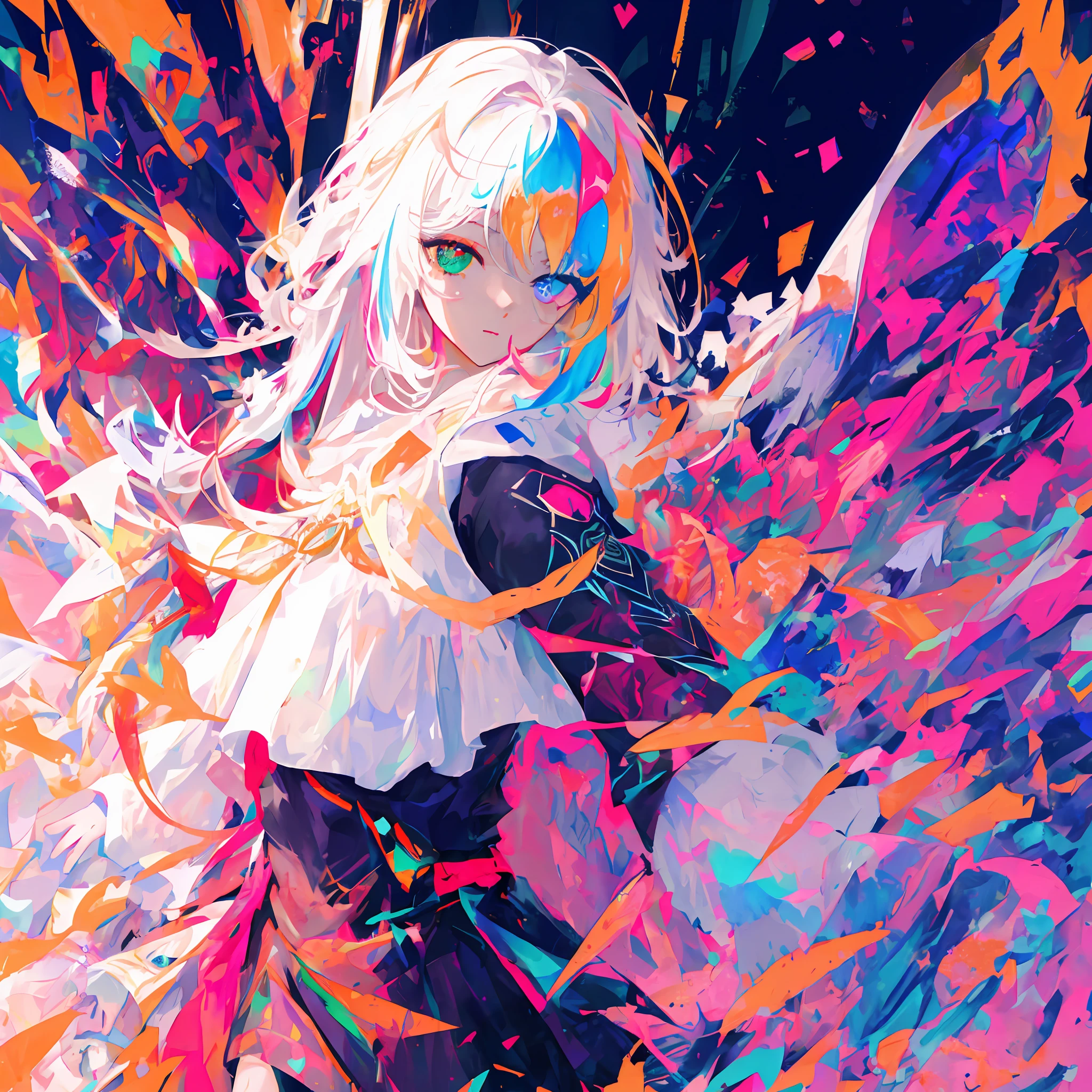 {A girl in white armor fights in a white cape}}，{{Masterpiece}}，best qualtiy，Extremely detailed Cg Unity 8K wallpaper，电影灯光，lens flare glow，beatiful detailed eyes，full bodyesbian，black in color，multicolour hair，Colored light particles, Heterochromia, (Colorful:1.5), (Colorful hair:1.5),