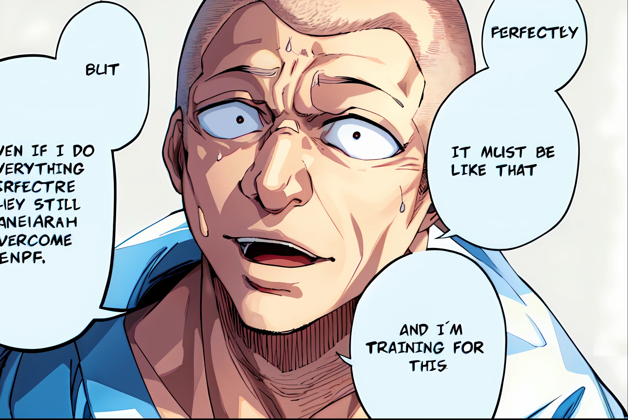 a anime of a man with no hair, close up, bald, white shirt, sweat, sweatdrop, open mouth, text bubble speech, color manga, manga color, color manga, color manga panel, simple background, a white background