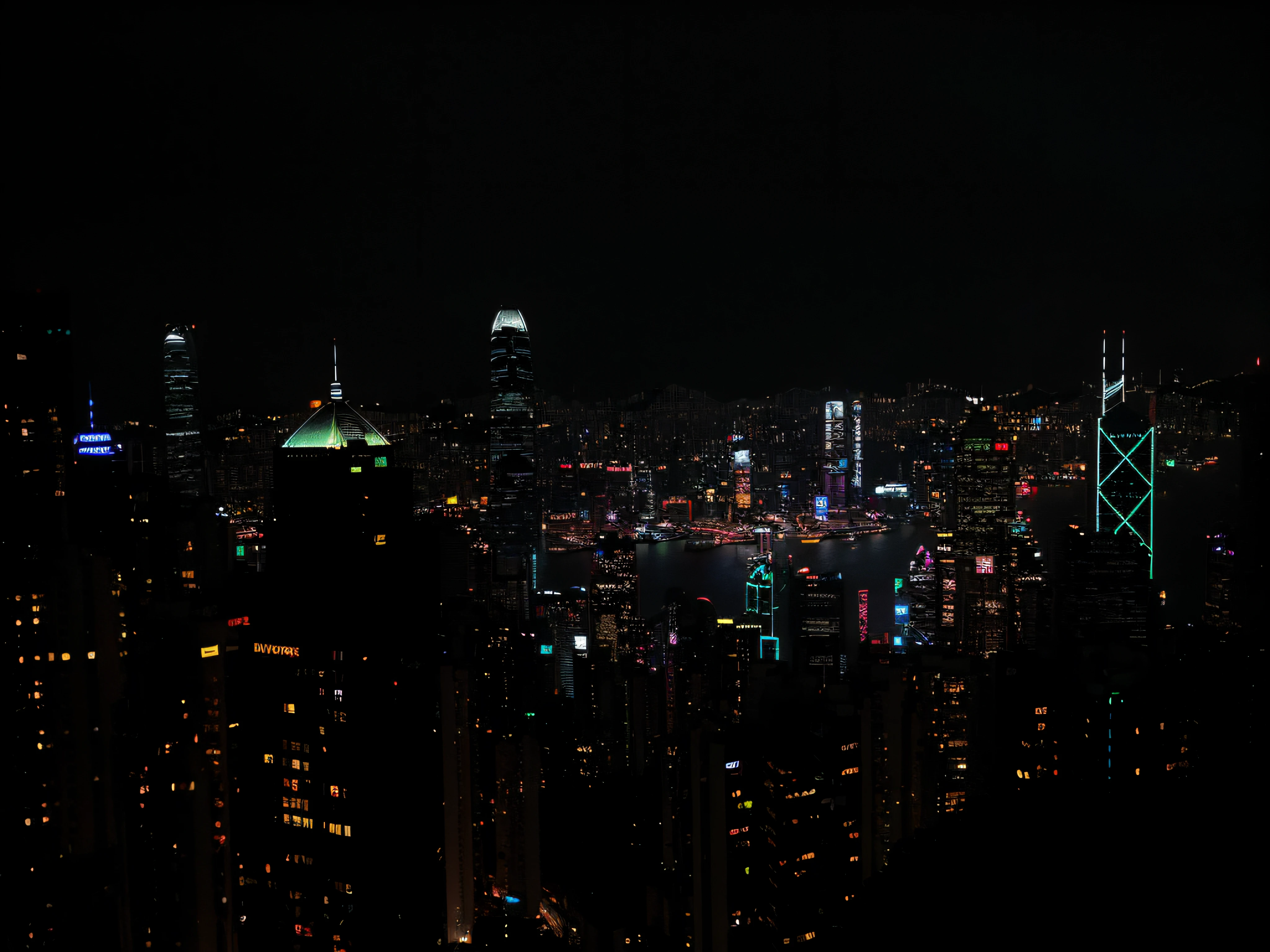 Night view of the city with skyscrapers and bridges, Hong Kong cyberpunk cityscape, the lights of the building lighten up the sky, Dazzling neon billboards and logos (1.2), dystopian city skyline at night, Like《bladerunner》Scene in, Cyberpunk style, (volumetric fog effect (1.2), halation effect, ray tracing, Ultra high quality), masterpiece, 8K, RAW