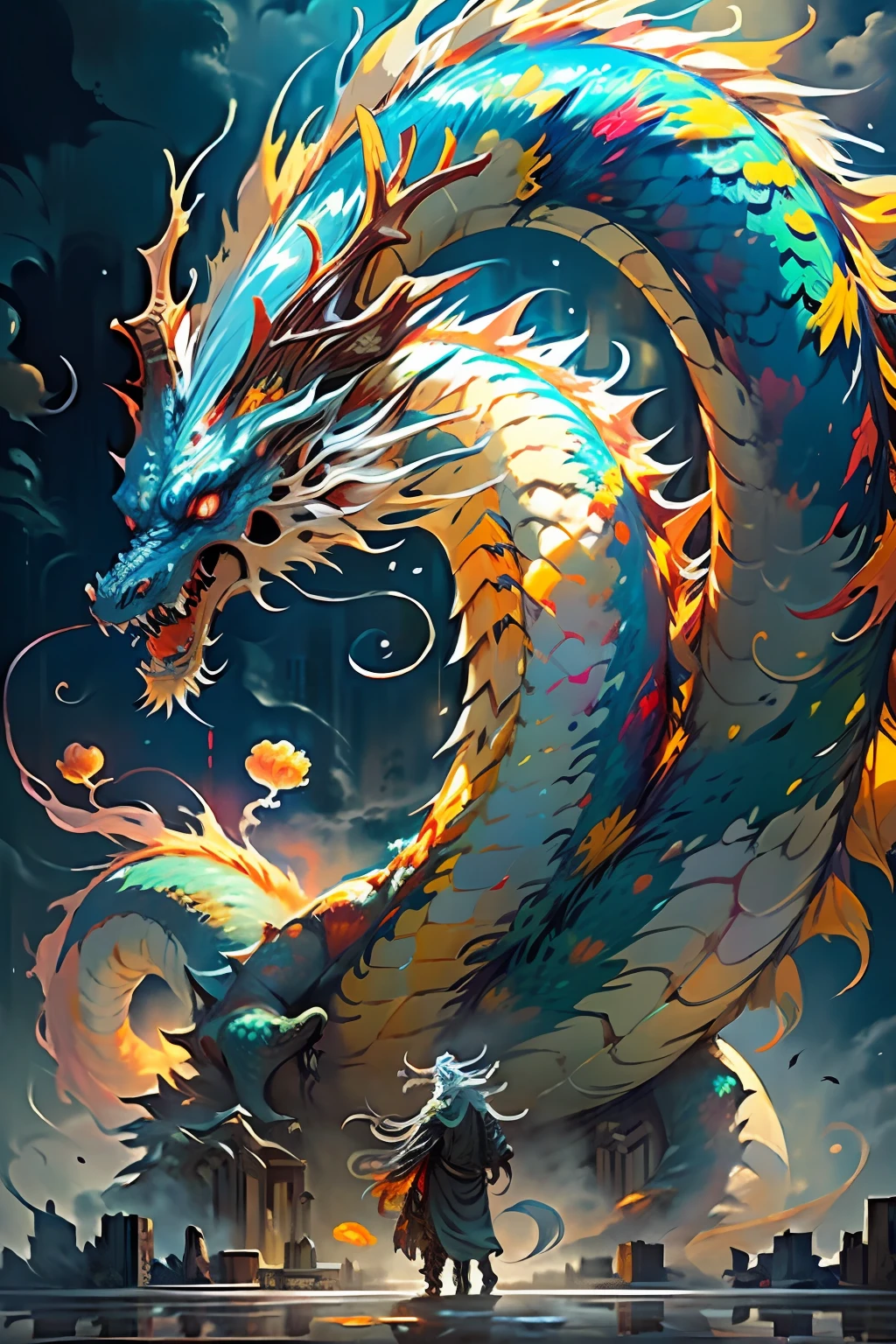 Best quality, masterpiece, super high resolution, Chinese dragon, (length: 1.2), (fine: 1.2), long hair, sharp teeth, red eyes, teeth, huge, bird, outdoor, standing, scales, clouds, horns, from behind, armor, sky, open mouth, confrontation, charge, monster, size difference, white hair, building, valley, (realistic texture: 1.2), (glowing multicolored scales: 1.2), (realistic details: 1.2), hdr, ultra-detailed 3D modeling like Tim Burton, Dale Chihuli, Xiaolongcheng, Cyril Rolando and other authors such as Jr. Giger's style paintings are just as magical. Shadows and lighting intertwine to create brilliant effects.