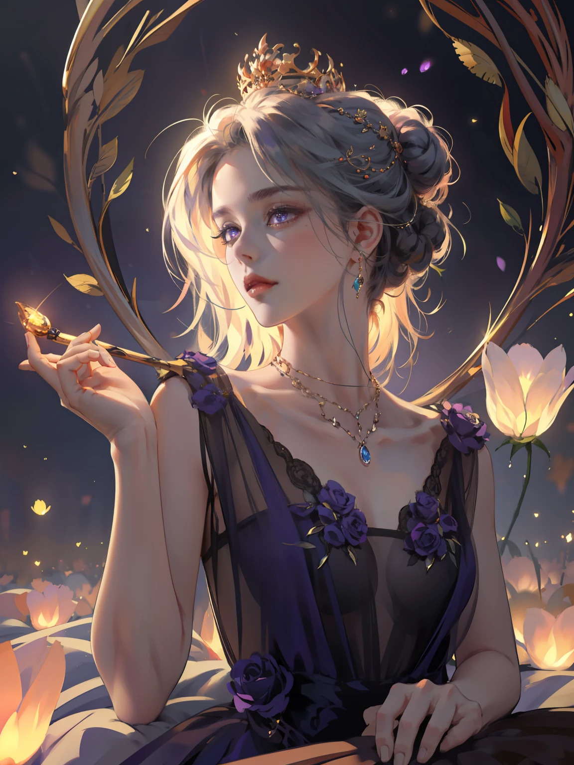 Intricate details, (perfect shiny skin: 1.2), (very detailed face), (masterpiece, realistic: 1.3), (extremely complex: 1.2), >, intricate details, noble and elegant woman. She wears a gorgeous purple dress with a jewel-encrusted crown on her head. Holding a bright red rose in her hand, she raised her head slightly and stared ahead. Her eyes are deep and bright, exuding tenderness and confidence