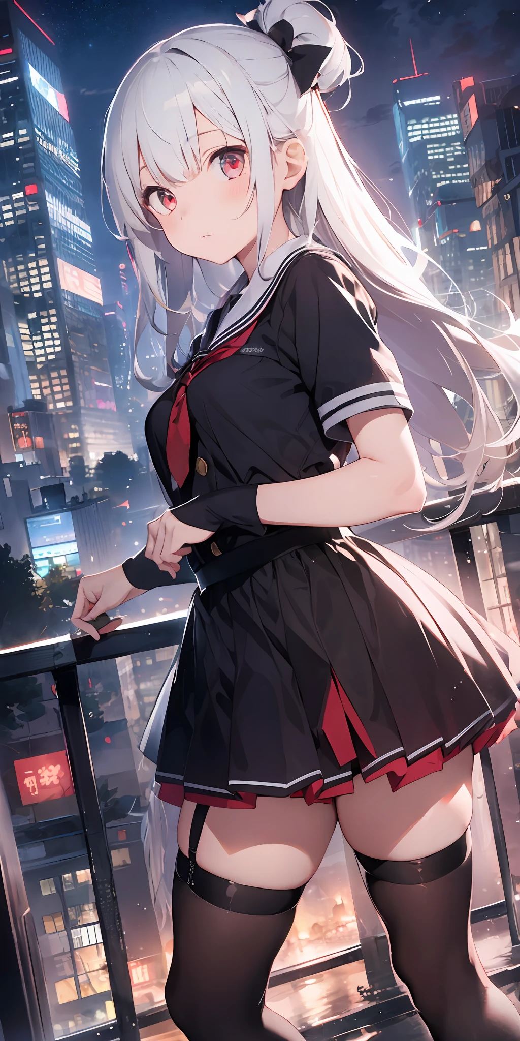 1girl, beautiful detailed eyes, long white hair, light red eyes, school uniform, high black stocking, lustrous skin, city, night, high contrast, ((masterpiece, best quality))