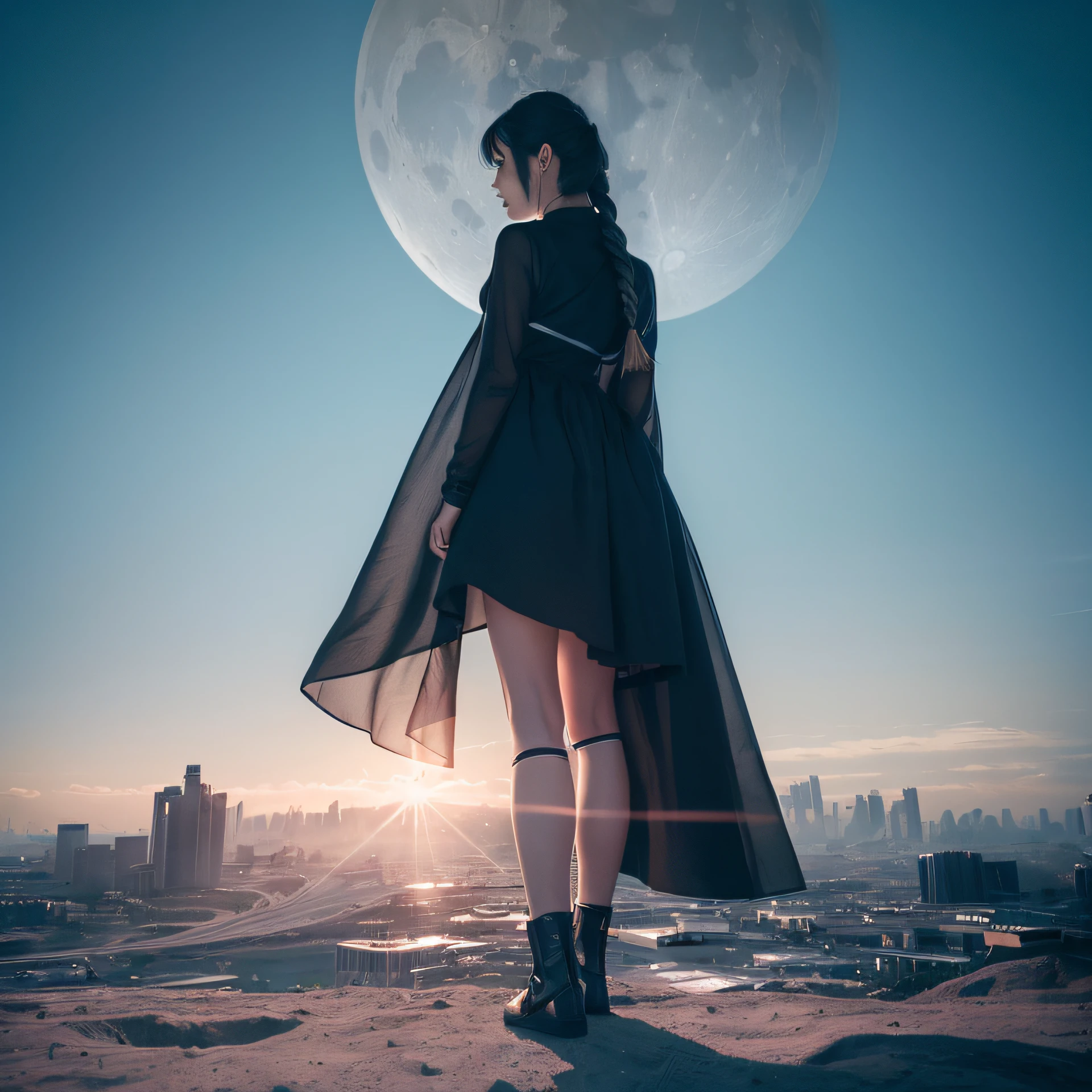 (Full shot: 1.4) Photograph of a robotic woman on the Moon, masterpiece, (realism: 1.4), best quality, beautiful light, braided hairstyle, light tracking, space background, (very detailed background, busy background: 0.8), Earth in the background, clear focus, volumetric fog, 8k UHD, dslr, high definition, film particles, photo realism, lomography, in (huge metropolis in a future dystopia) ia), seen from below, translucent (HDR): 1.2, March --auto