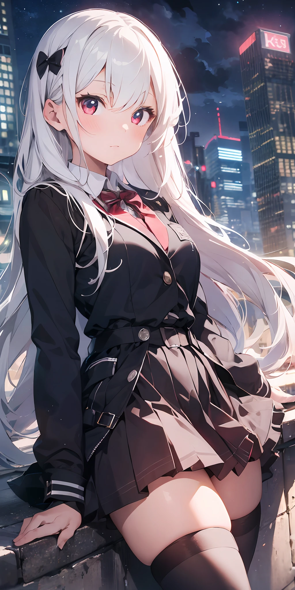 1girl, beautiful detailed eyes, long white hair, light red eyes, school uniform, high black stocking, lustrous skin, city, night, high contrast, ((masterpiece, best quality))