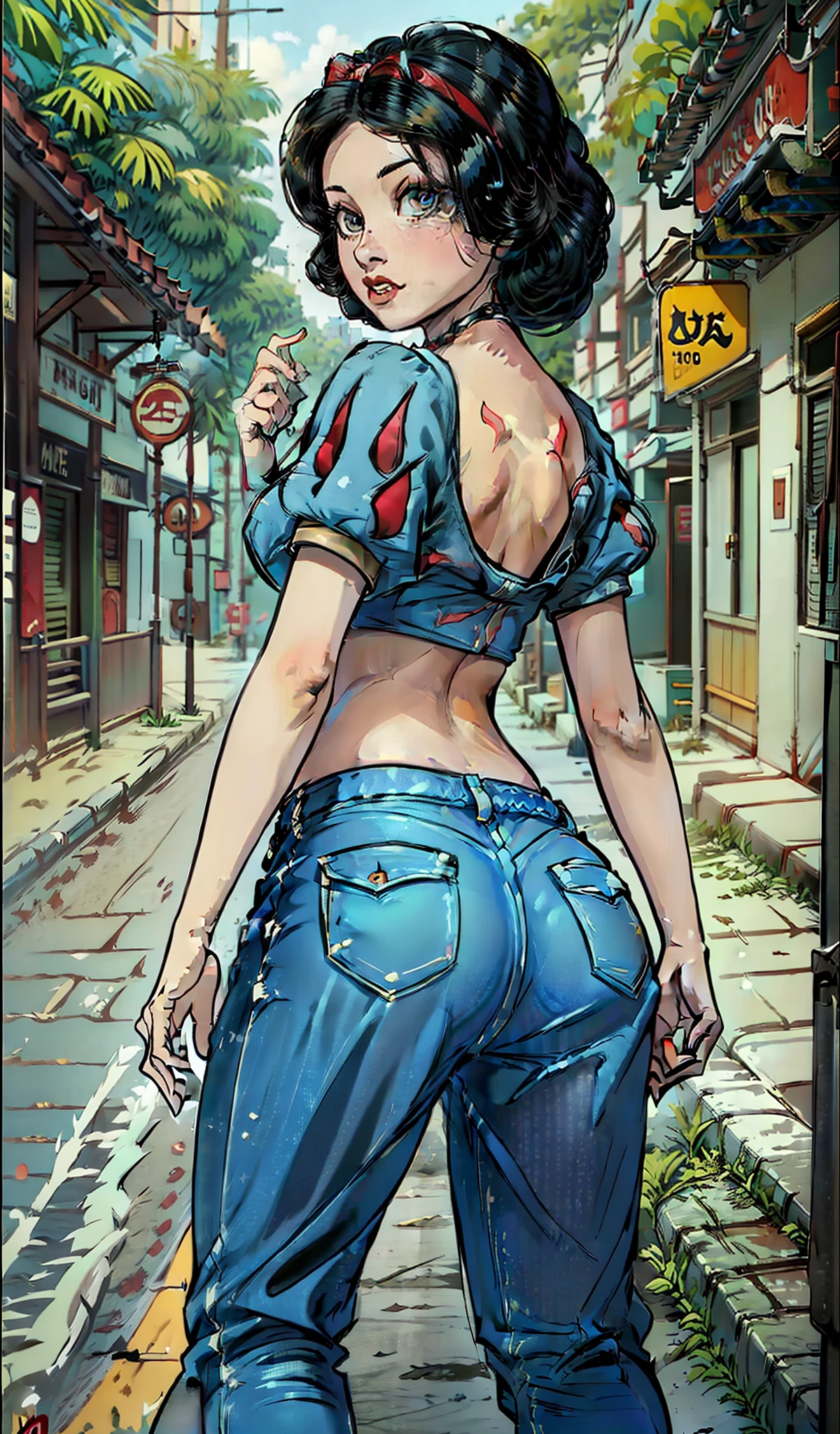 Branca de Neve, muito sensual, com roupas de funkeira, brasileira, na cidade do rio de janeiro, Brasil, dancing funk, rebolando, bunda grande, pernas grossas, usando um short jeans extremamente curto, showing a piece of ass, Micro Short Curto, usando uma mini blusa, umbigo com pirsing, sneakers Nike, cabelo comprido, Speaker behind, corpo inteiro, muito realista, extremamente Realista, extremamente sexy, 8k, 8k extremamente detalhado), (um extremamente delicado e bonito), (obra-prima), (melhor qualidade: 1.0), (ultra highres:1.0)