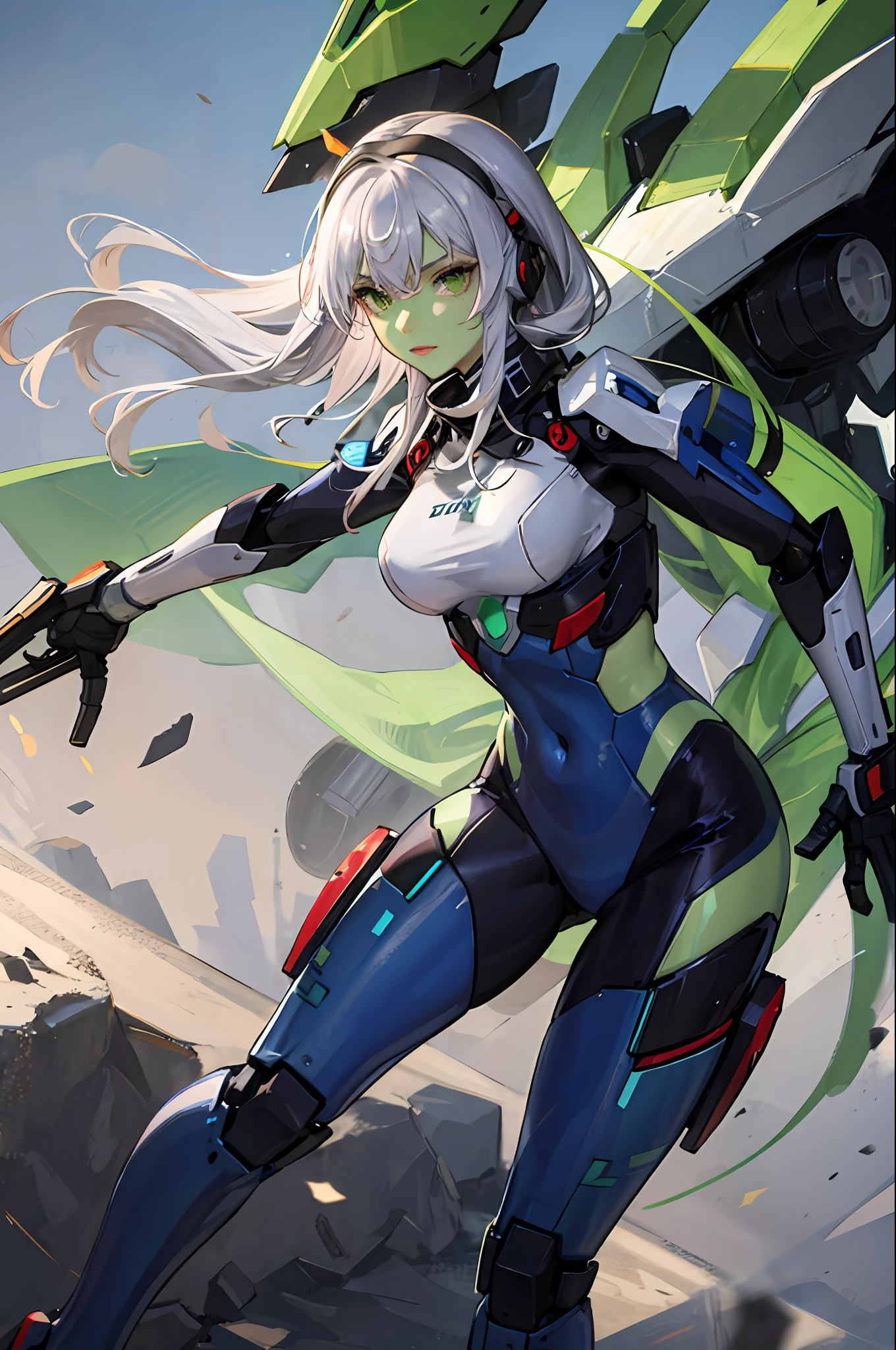 Girl with green skin,Wearing a mecha suit,Silvery hair,