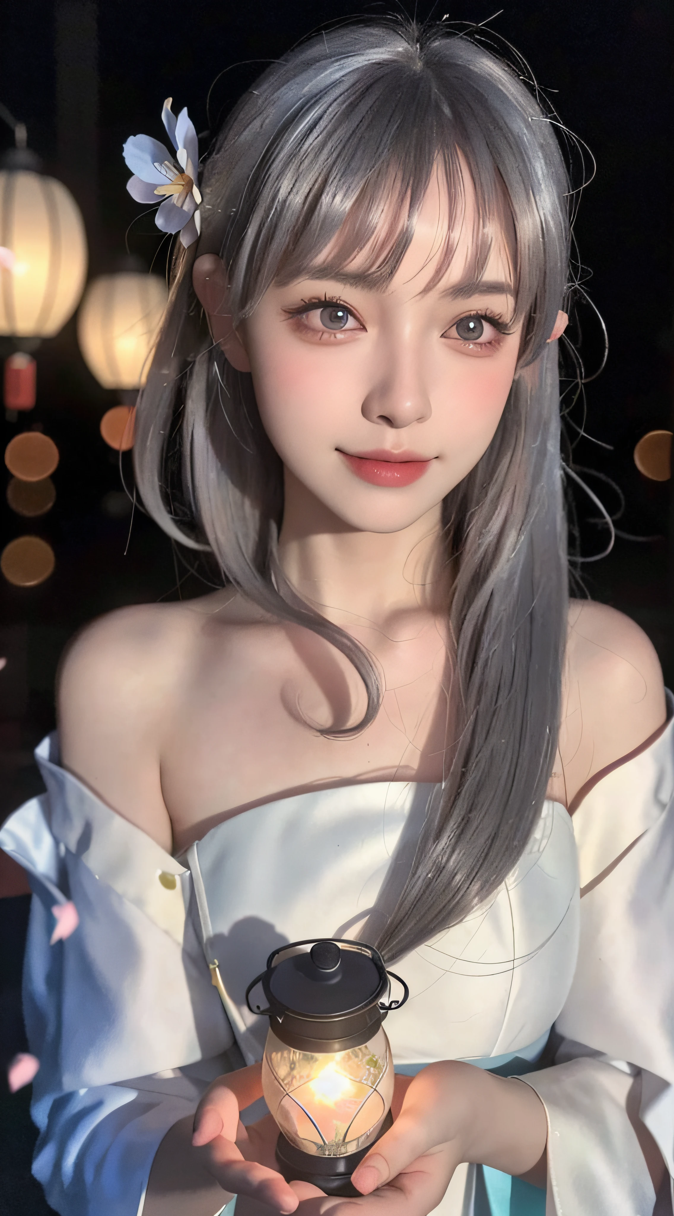ultra high res, (photorealistic:1.4), raw photo,16K,,beautiful detailed girl, extremely detailed eyes and face, beautiful detailed eyes,light on face,cinematic lighting,1girl,looking at viewer,east asian architecture,(blurry background:1.2),cherry blossoms, lantern light, depth of field,